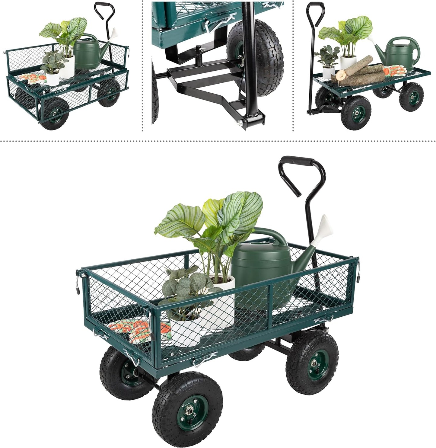 Garden Cart - Rolling Wagon Cart with 650lb Weight Capacity, All-Terrain Wheels, and Removable Sides - Garden Carts and Wagons by Pure Garden (Green)