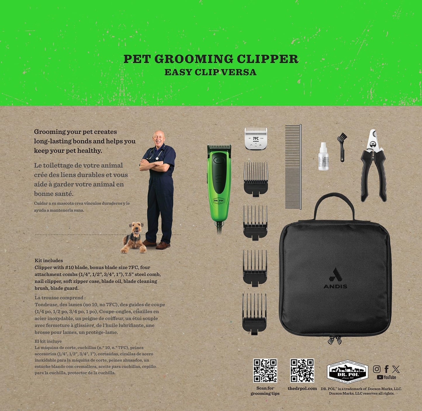 Andis Dr. Pol Easy Clip Versa Clipper Kit - Complete Grooming Solution with Detachable Blades, Attachment Combs, Nail Clipper & More for Safe, Efficient Grooming of All Dog Types, Green, 561121