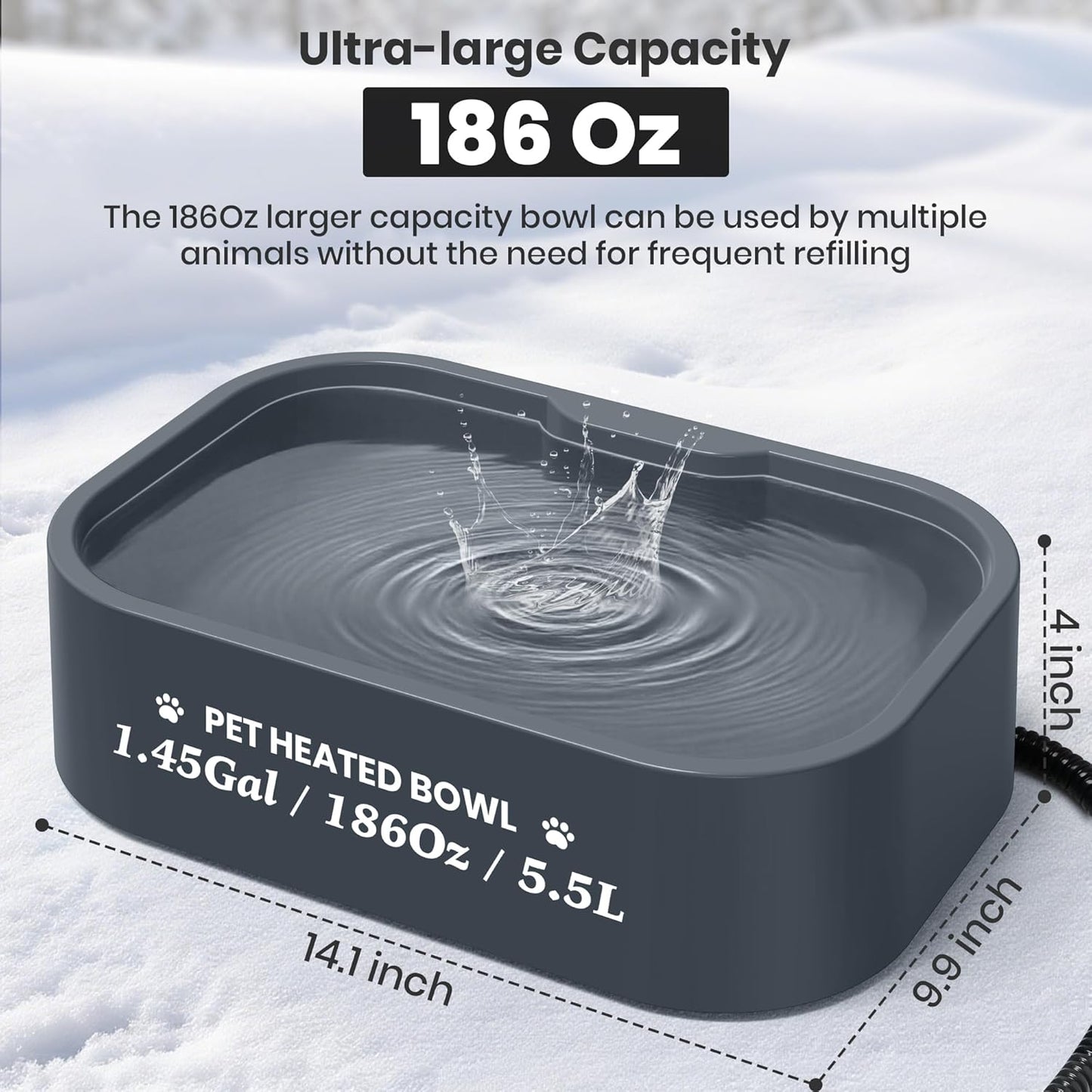 1.45 Gal/5.5L Heated Water Bowl, Extra Large Heated Dog Bowls for Outside, Safety Listed Heated Pet Bowl with Anti-Chew Cord for Dog & Cat Drinking Water in Winter, BPA-Free, Anti-Slip Base(Grey)