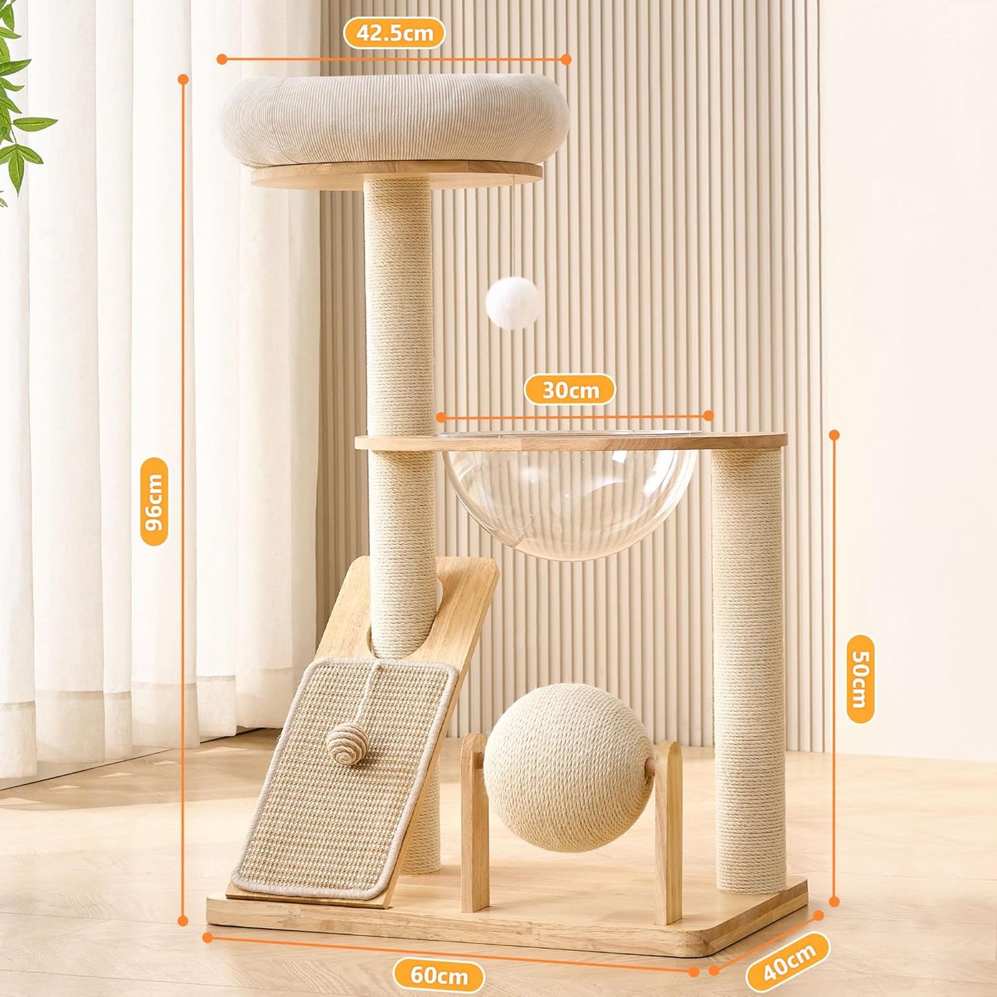HITTITE Solid Wood Cat Tree Tower with Scratching Post, 37.8 Inches Tall Cat Towers with Scratching Board and Scratcher Ball, Modern Cat Tower With Space Capsule and Removable Top Bed for Indoor Cats.