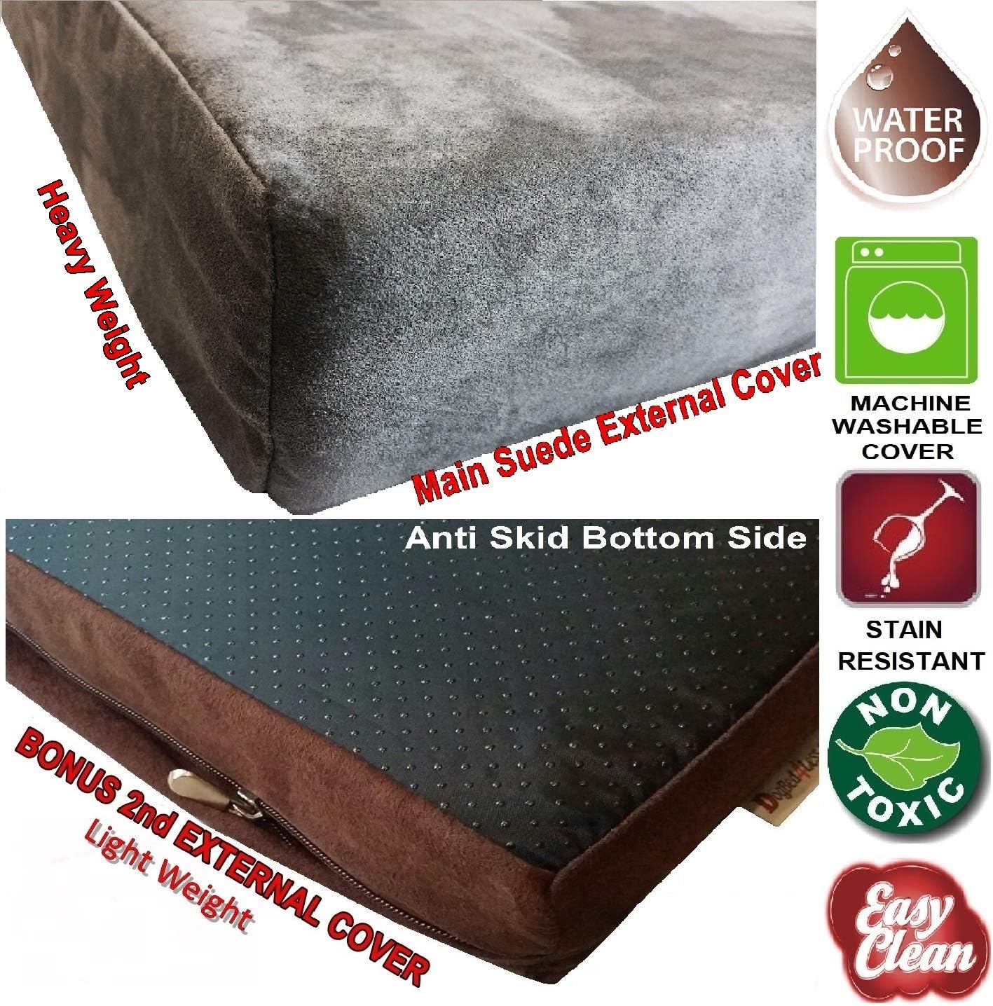 Dogbed4less Orthopedic Gel Memory Foam Pet Dog Bed, Waterproof Liner with External Microsuede Cover and Bonus Antislip Cover (Microsuede Gray, 47"X29"X4" Inches)