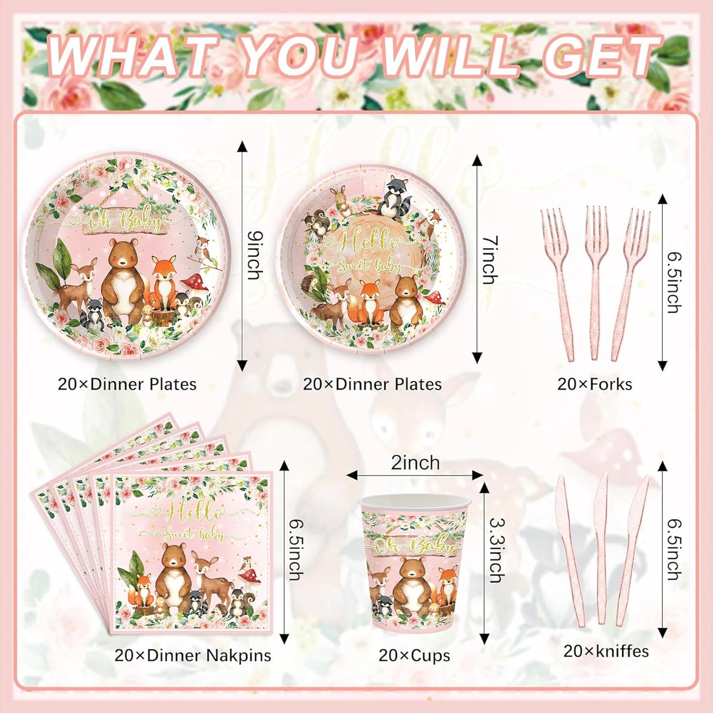 120PCS Woodland Party Supplies for Girls Baby Shower Pink Wild Animal Decorations Plates Napkin Cups Forks Knives Tableware Set for 20 Guests