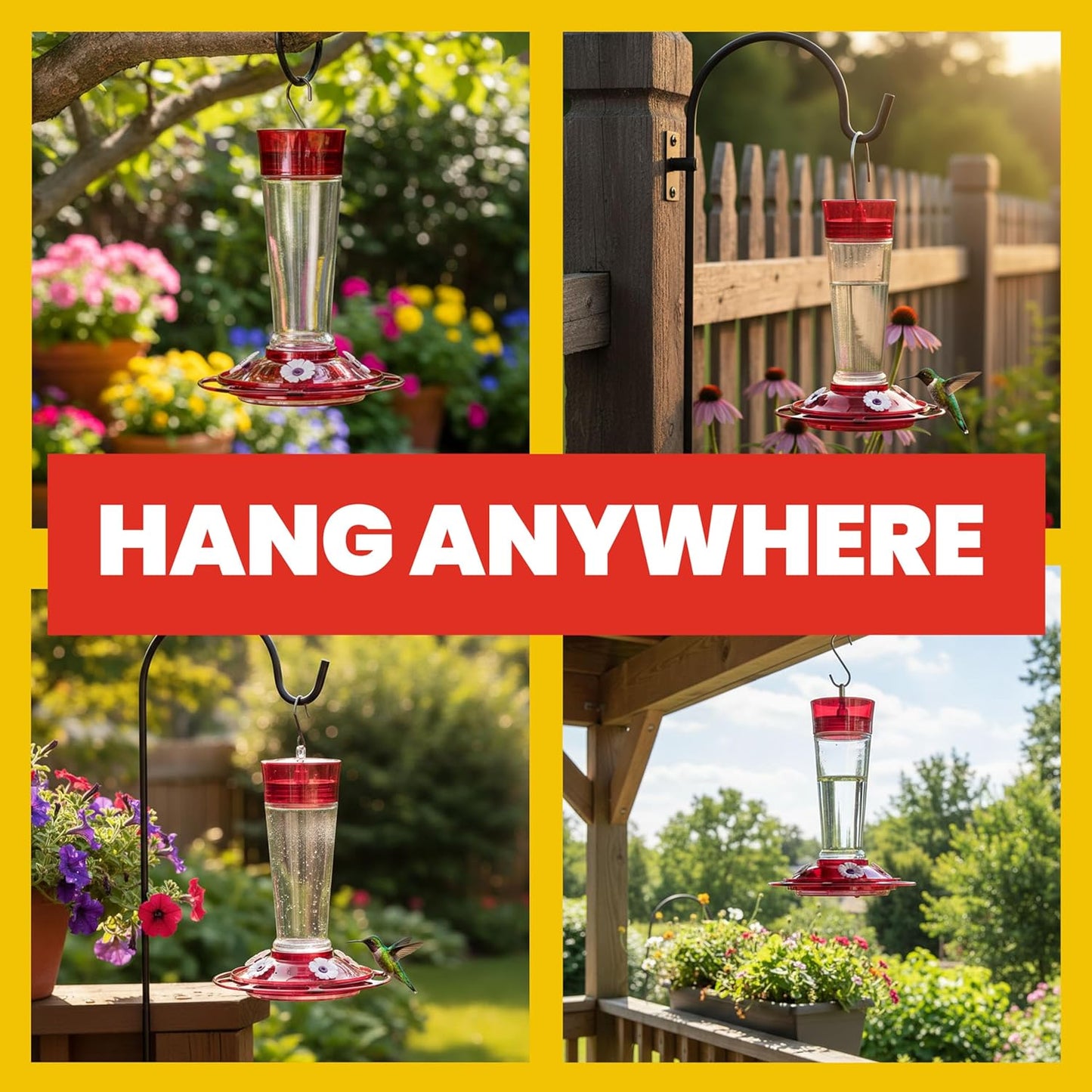 More Birds Bird Health+ Ruby Hummingbird Feeder, Glass Hummingbird Feeders for Outdoors, 4 Feeding Stations, 10 Ounces, Ruby Red