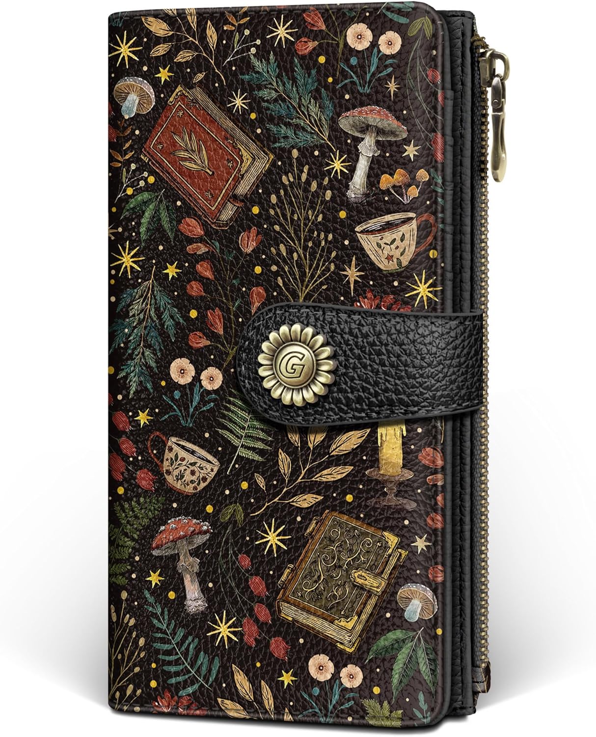 GIANCOMICS Book Mushroom Womens Wallet RFID Blocking, Credit Card Holder Bifold, PU Leather Travel Billfold, Long Cute Cash Purse, Zipper Coin Pocket Clutch, 11 Card Slots, Ladies Gift Woman