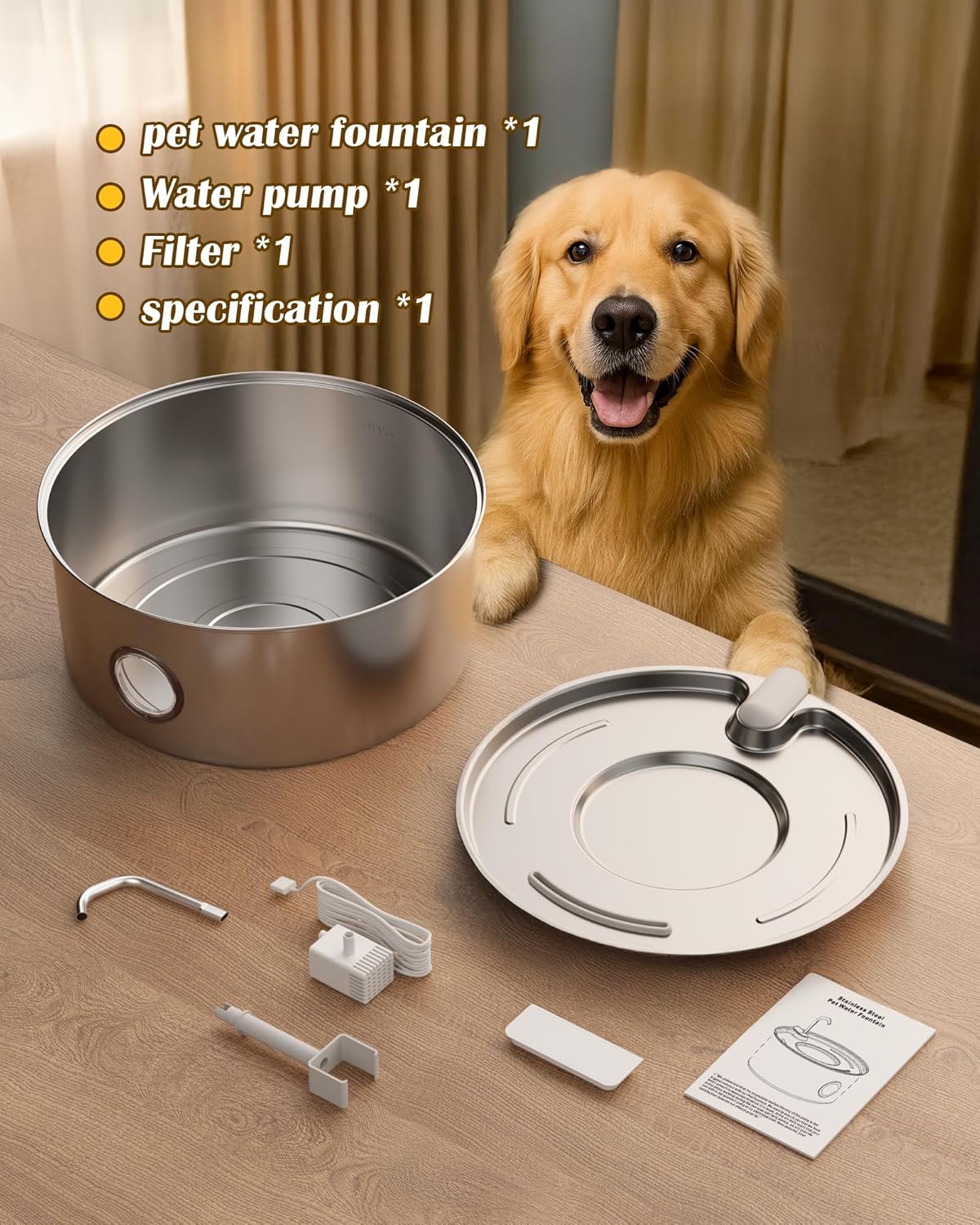 Stainless Steel Dog Water Fountain – 8L/270oz Automatic Waterer with Quiet Pump for Medium/Large Dogs, Cats & Multi-Pet Homes, Visible Water Window & Easy to Clean