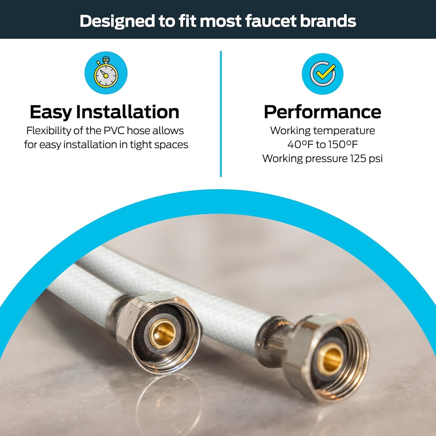 Eastman 16 Inch FIP Flexible Faucet Connector, 1/2 x 1/2 In. FIP, Reinforced PVC Supply Line with Nickel-Plated Brass Nuts, 48901