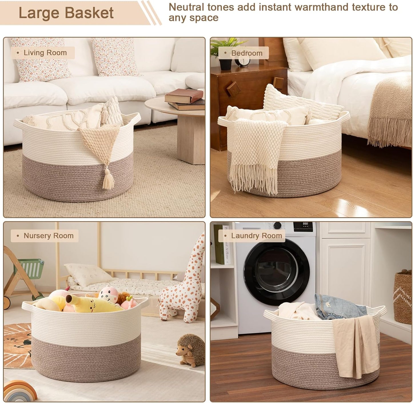 OIAHOMY 115L Extra Large Blanket Basket, 23.6" x 15.4" Woven Cotton Rope Laundry Basket for Organizing Pillows, Decorative Stuffed Animal Toy Storage Bin for Nursery, White and Linen Brown