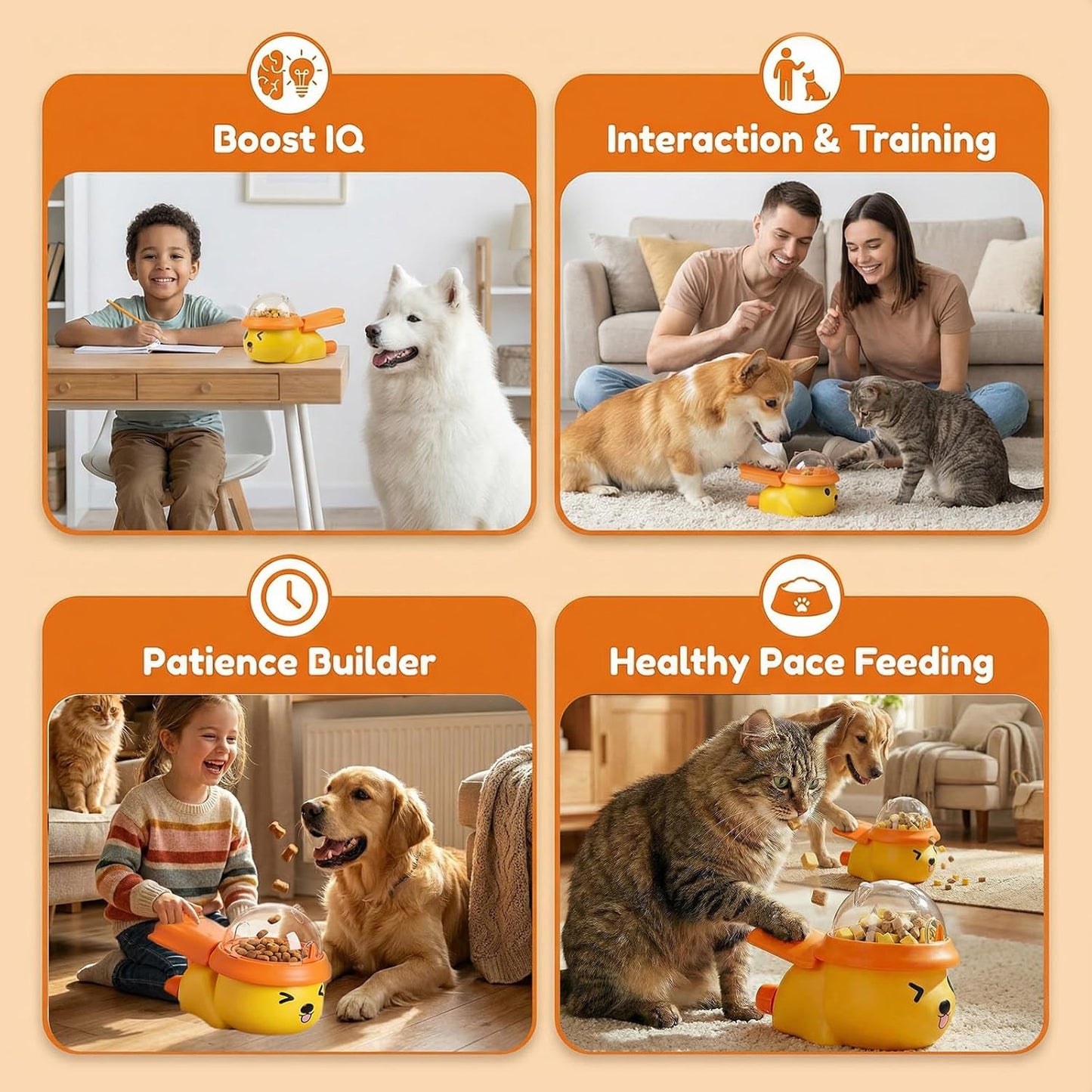 2-Pack Interactive Dog Treat Dispenser Toy, Press-Type Puzzle Cat Feeder for IQ Training and Mental Stimulation, Slow Feeder Enrichment Toy for Small to Mid-Size Dogs and Cats, Orange-Yellow