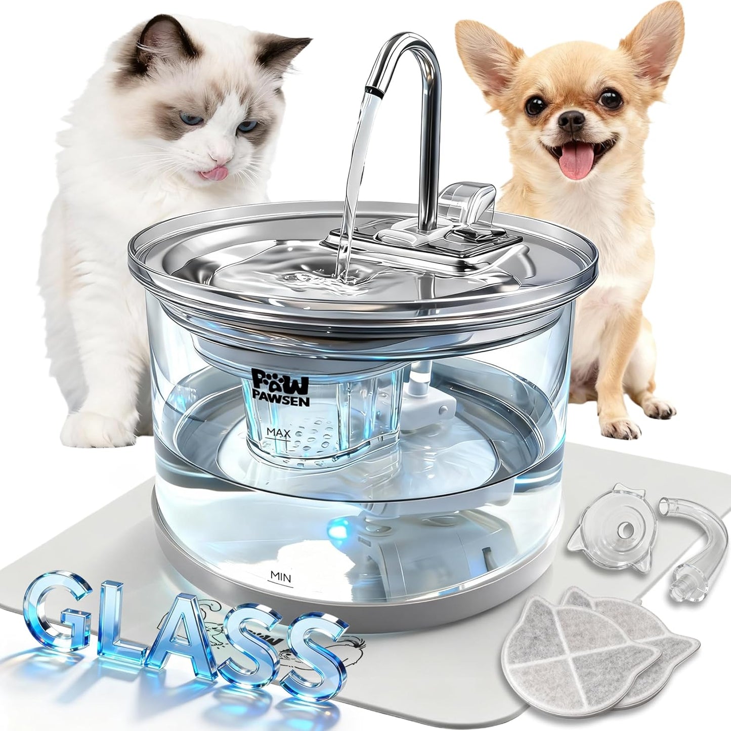 Glass Cat Dog Water Fountain 70oz/2.1L for Cats Dogs with 3 Spray Heads with LED Light,Ultra-Quiet, Automatic Water Dispenser, Glass & Stainless (Water Fountain)