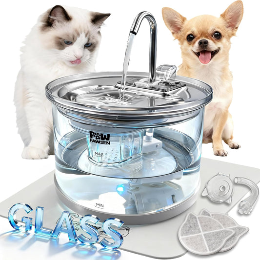 Glass Cat Dog Water Fountain 70oz/2.1L for Cats Dogs with 3 Spray Heads with LED Light,Ultra-Quiet, Automatic Water Dispenser, Glass & Stainless (Water Fountain)