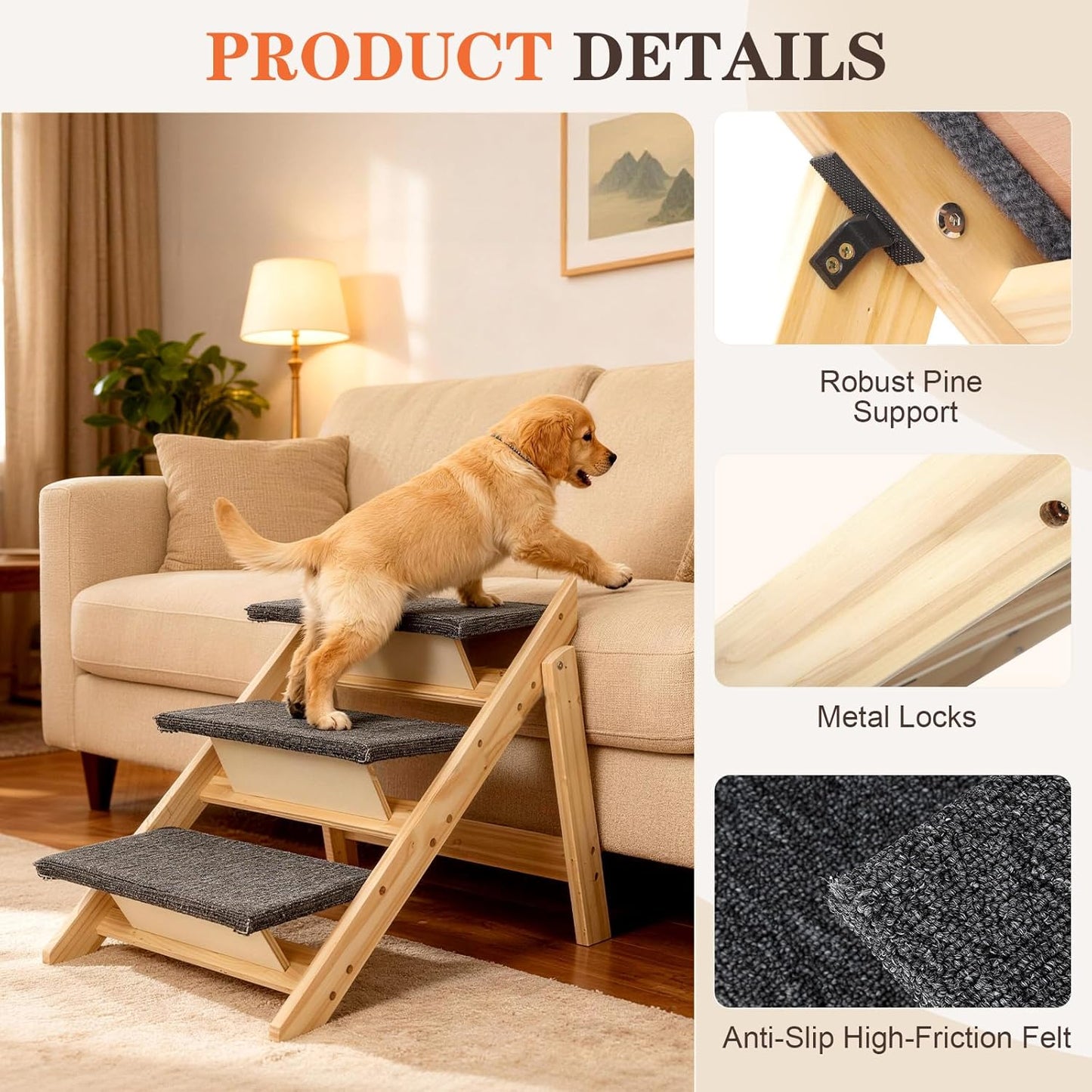 Dog Ramp, Durable Pet Stairs for High Beds, 2-in-1 Foldable Wooden Dog Steps for Couch and Car, Joint-Friendly Stairs for Senior Dogs, Non-Slip Carpeted Pet Steps with High-Weight Capacity