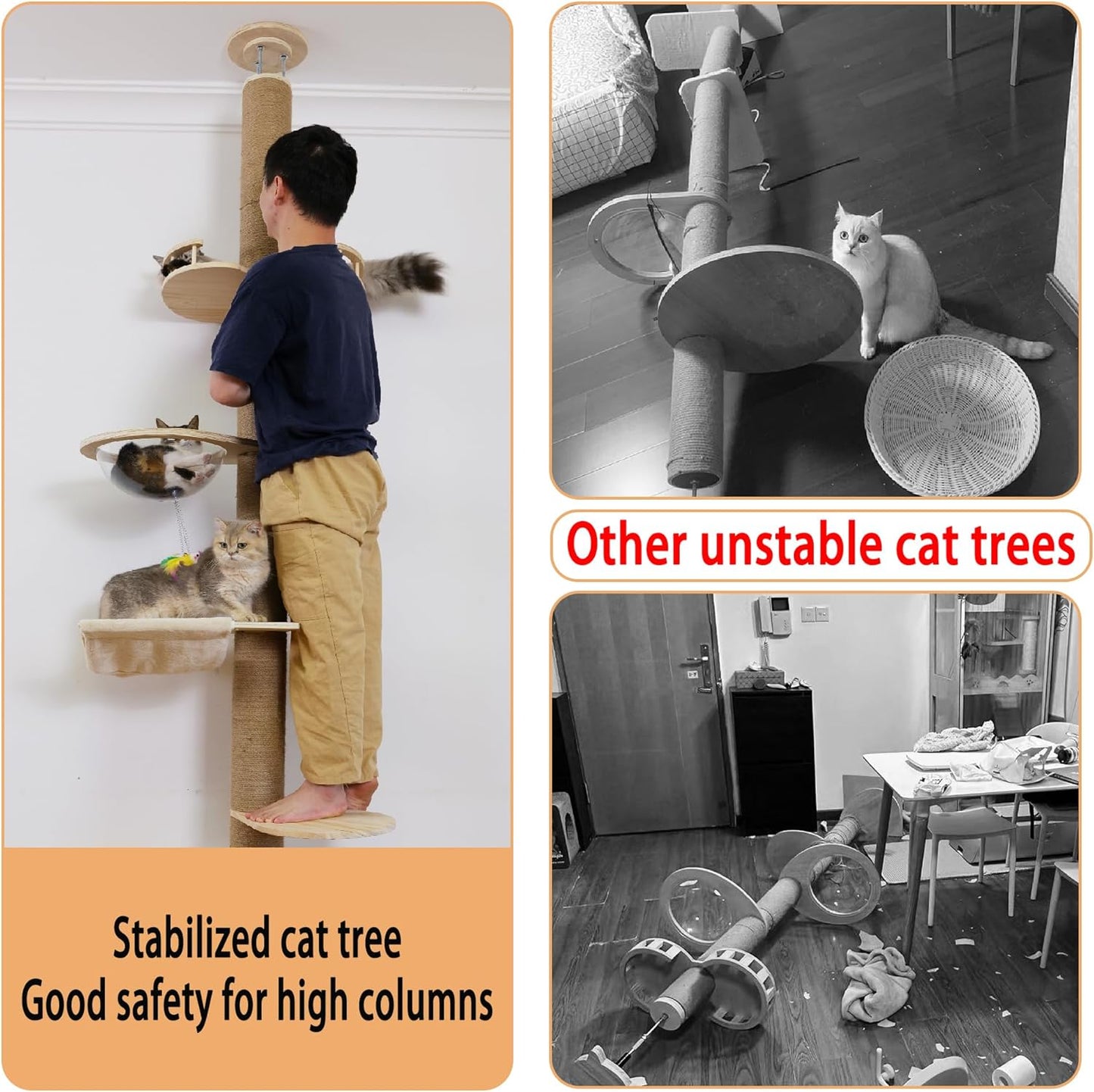 Floor to Ceiling Cat Tree Height (50-120in) Adjustable Cat Tower 5 Tier Hemp Scratching Post High Cat Tree Sturdy Activity Tree Indoor Outdoor Cat Scratching Post Activity Center