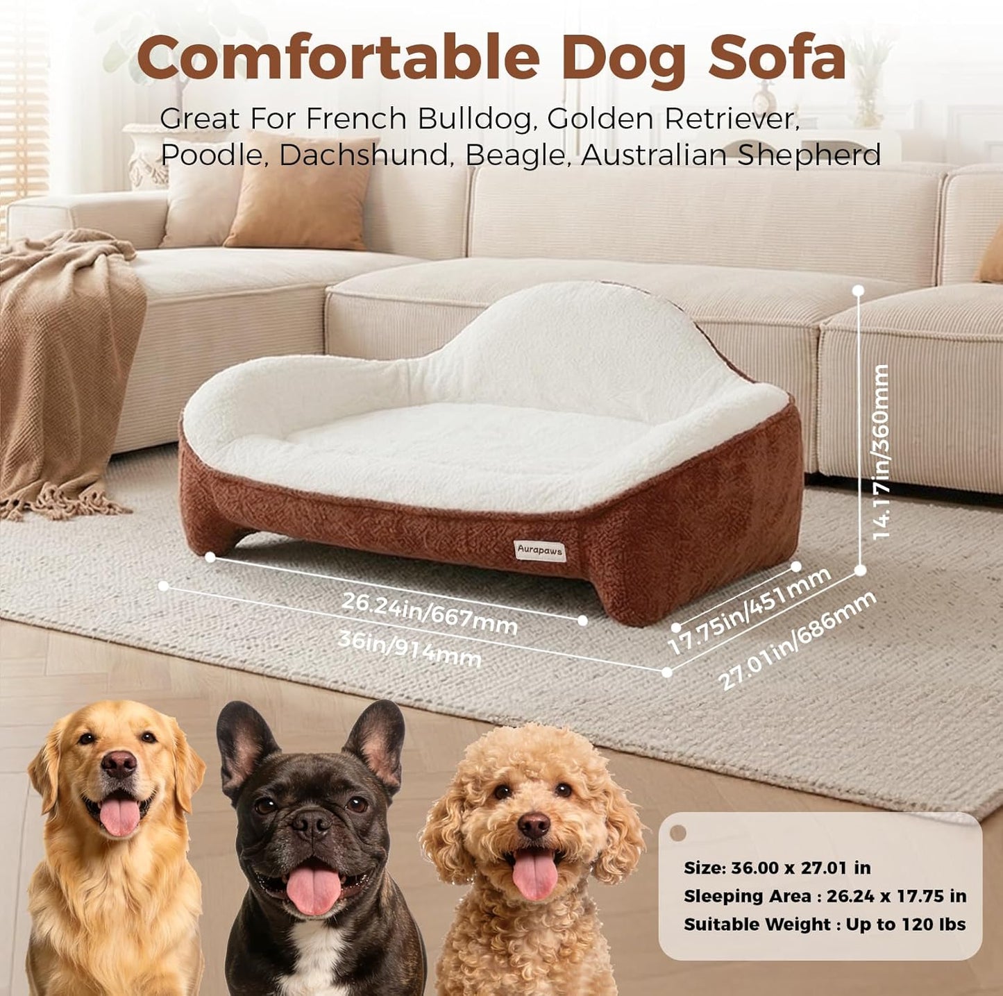 Orthopedic Dog Bed Medium Size Dogs - One-Piece Molded Support Foam™ Comfort Never Sag Dog Couch with 3 Washable Removable Covers & Bone Toy, Waterproof Liner, Nonslip Base, Brick Red, 36"