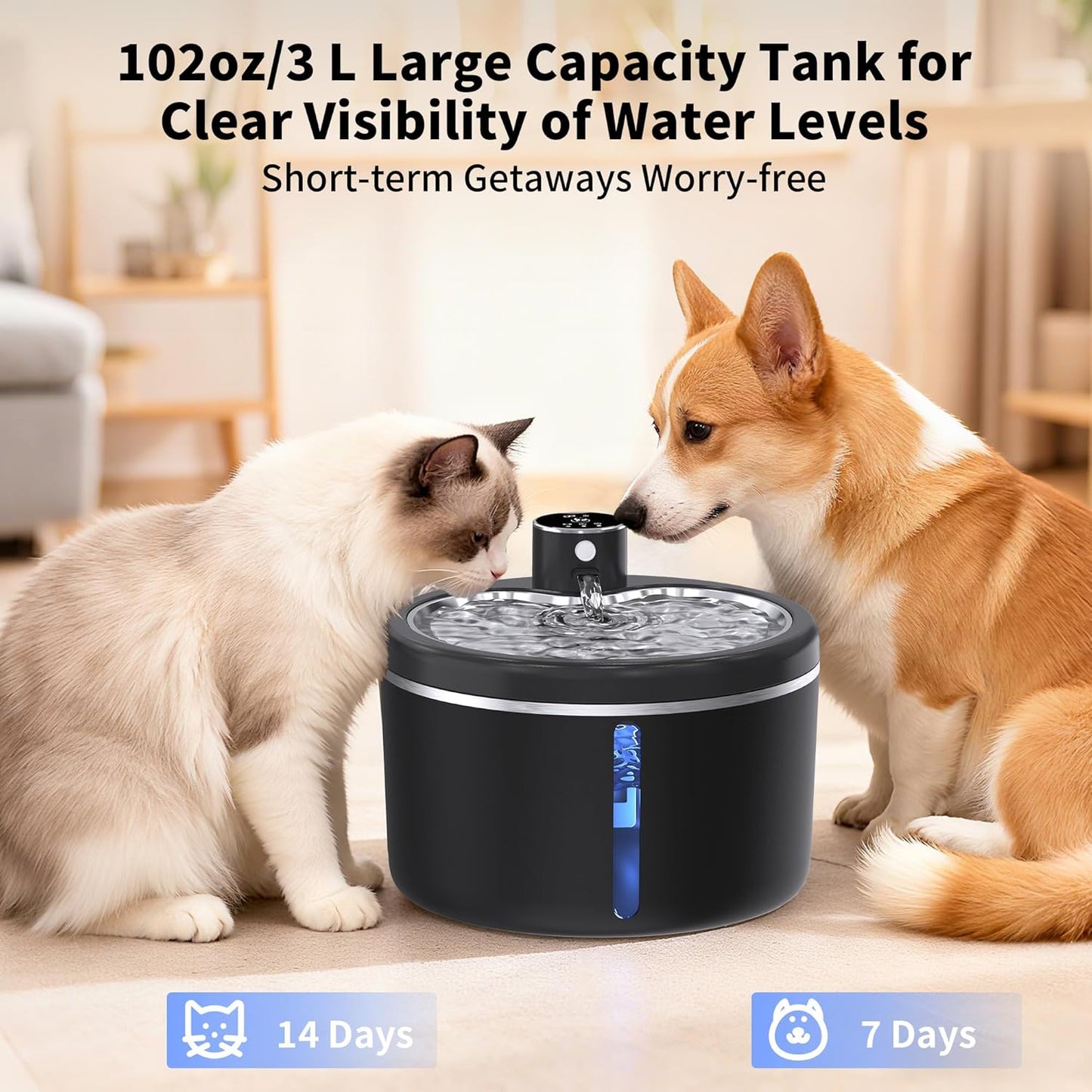 Cat Water Fountain Cordless, 108oz/3L Pet Fountains for Cats Indoor with Stainless Steel Tray, Battery Operated Cat Drinking Fountain with Motion Sens (Black) (Black)
