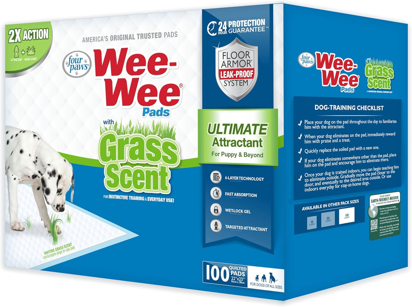 Four Paws Wee-Wee Ultimate Attractant Grass Scented Pee Pads for Dogs & Puppies, Leak-Proof Dog Housebreaking Instinctive Potty Training Floor Protection, 22" x 23", 100 Count