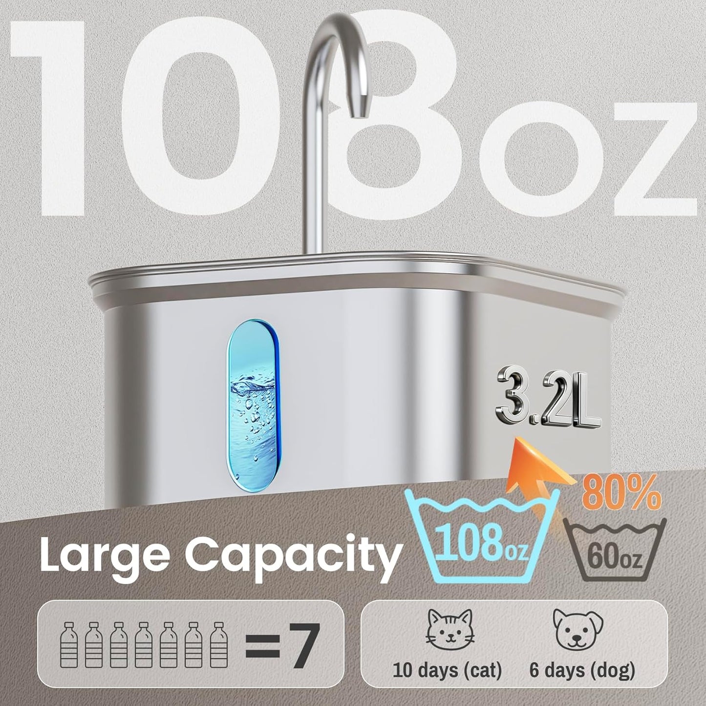 Cat Water Fountain Stainless Steel, 108oz/3.2L Quiet Automatic Cat Fountain for Drinking, Safe Auto Shut-Off, Large Square Pet Water Dispenser for Dogs Indoor with 1 Replacement Filter
