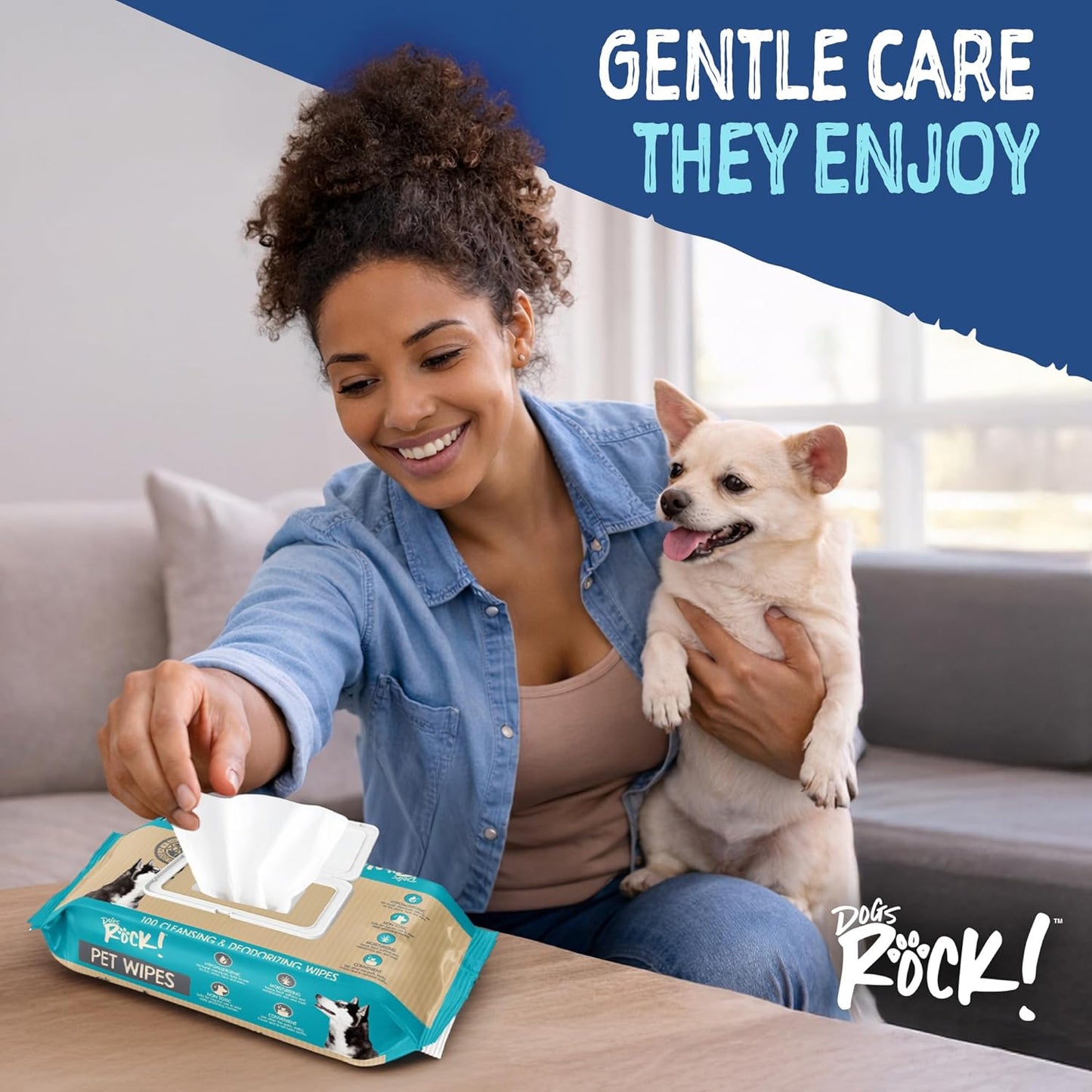 Dogs Rock! Pet Wipes for Dogs – 100 Count Hypoallergenic Dog Wipes for Paws, Face, Ears & Body – Unscented, Alcohol-Free, Thick & Gentle with Aloe
