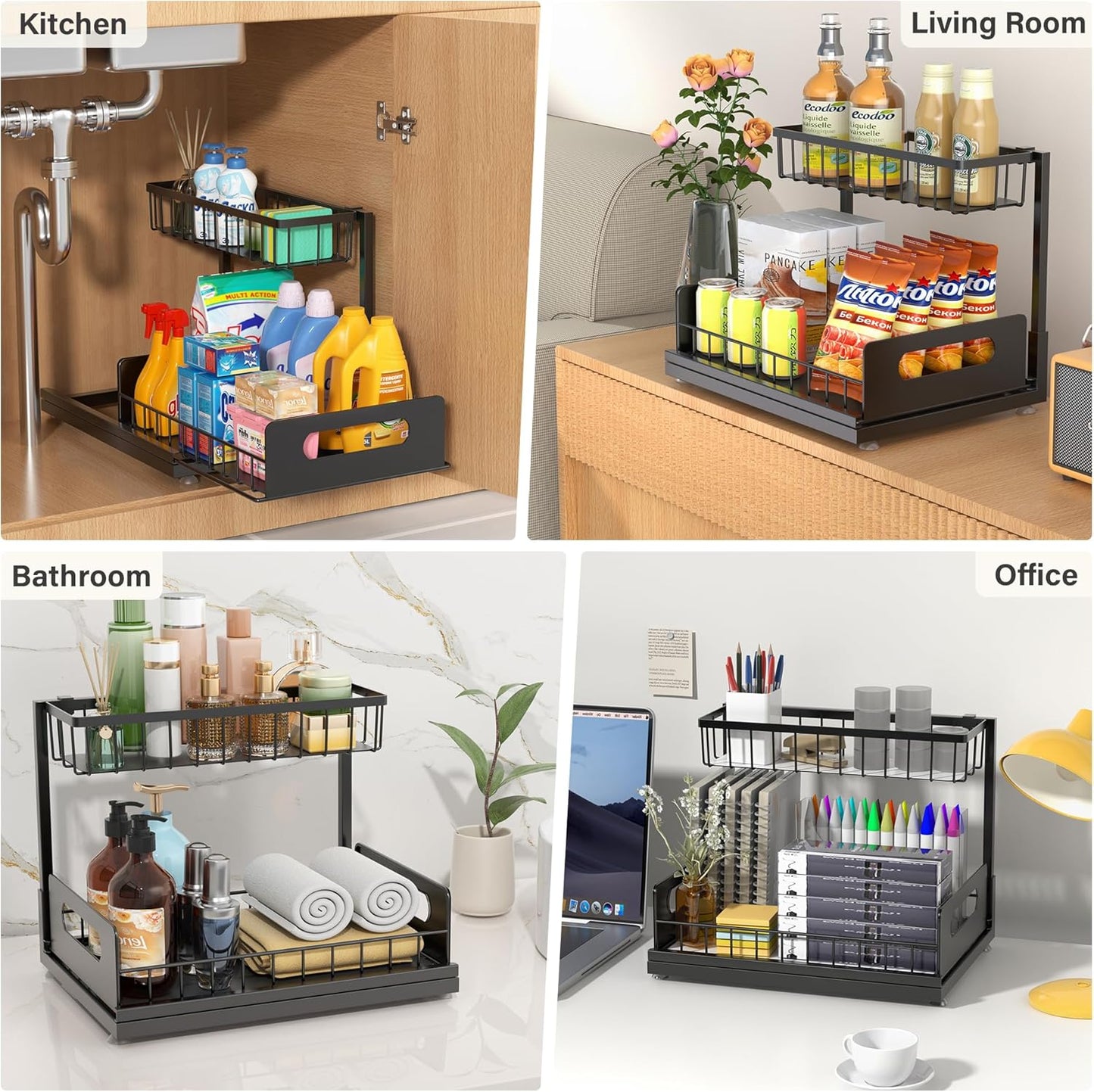 Under Sink Organizer 2 Tier, Pull Out Drawer Slides Under Sink Storage for Bathroom Kitchen,Multi-Purpose Drawer Under Cabinet Organizer for Cleaning Supplies (Black, 2 Pack)