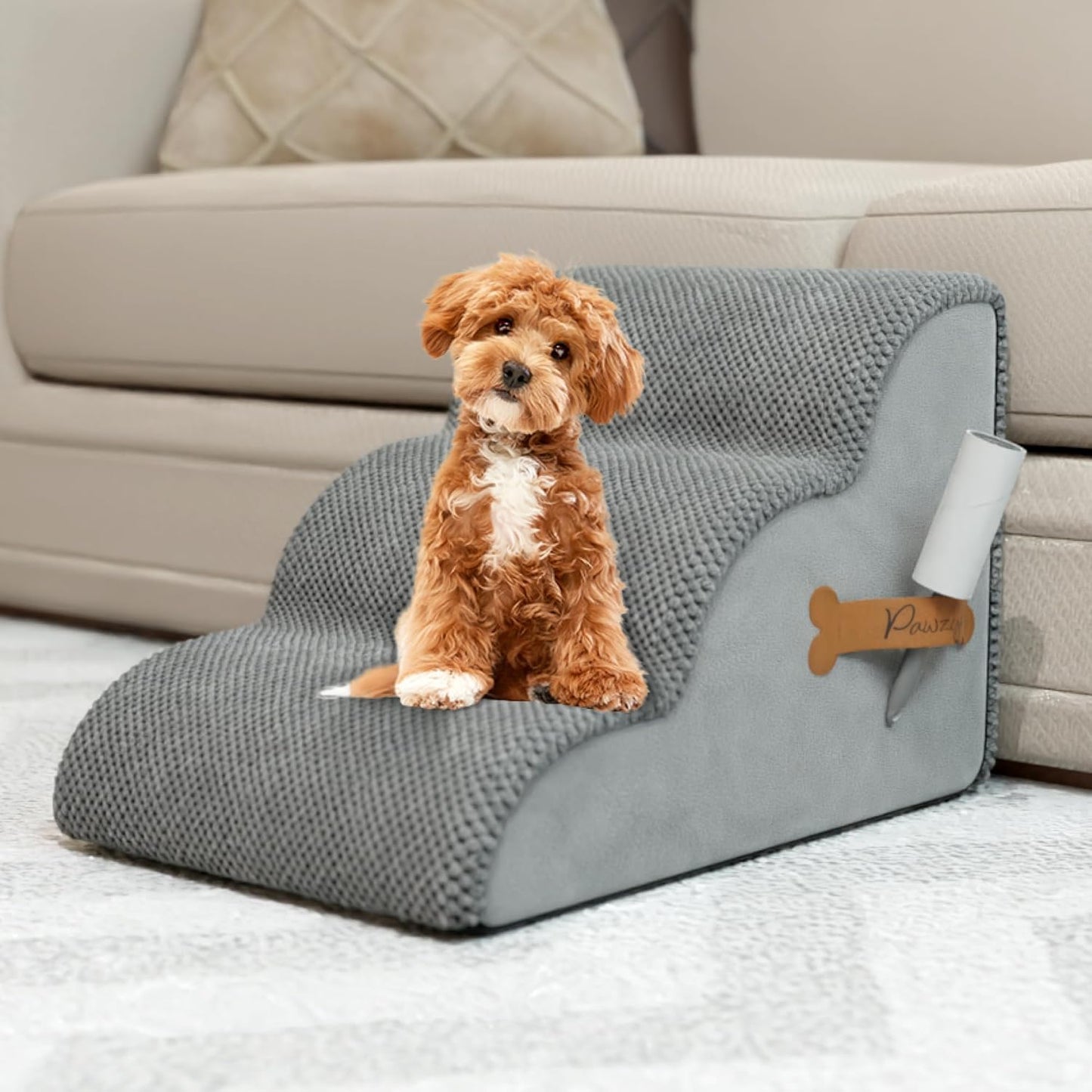 PAWZY Dog Stairs for Medium-Height Beds & Couches, 3-Step Foam Pet Steps 15.5” High for Small Dogs & Cats up to 60 lbs, Wide Non-Slip, Waterproof Washable Zipper Cover, No Assembly, Grey