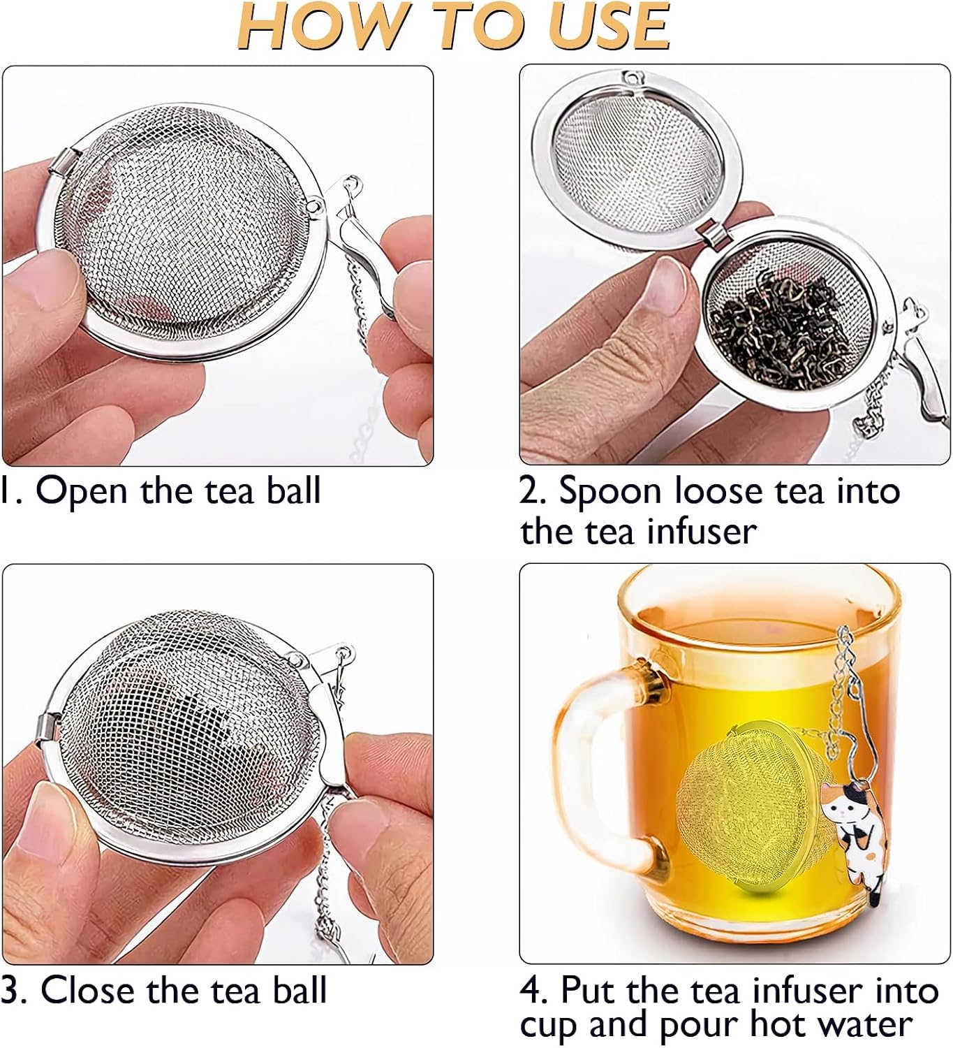 Cat Tea Infuser Set - Enhance Your Tea Experience with Premium Loose Leaf Tea Strainers and Balls, 2 PCS Gold-Plated Cute Cat Charm Pendant Tea Steeper, Stainless Steel Mesh Tea Diffuser