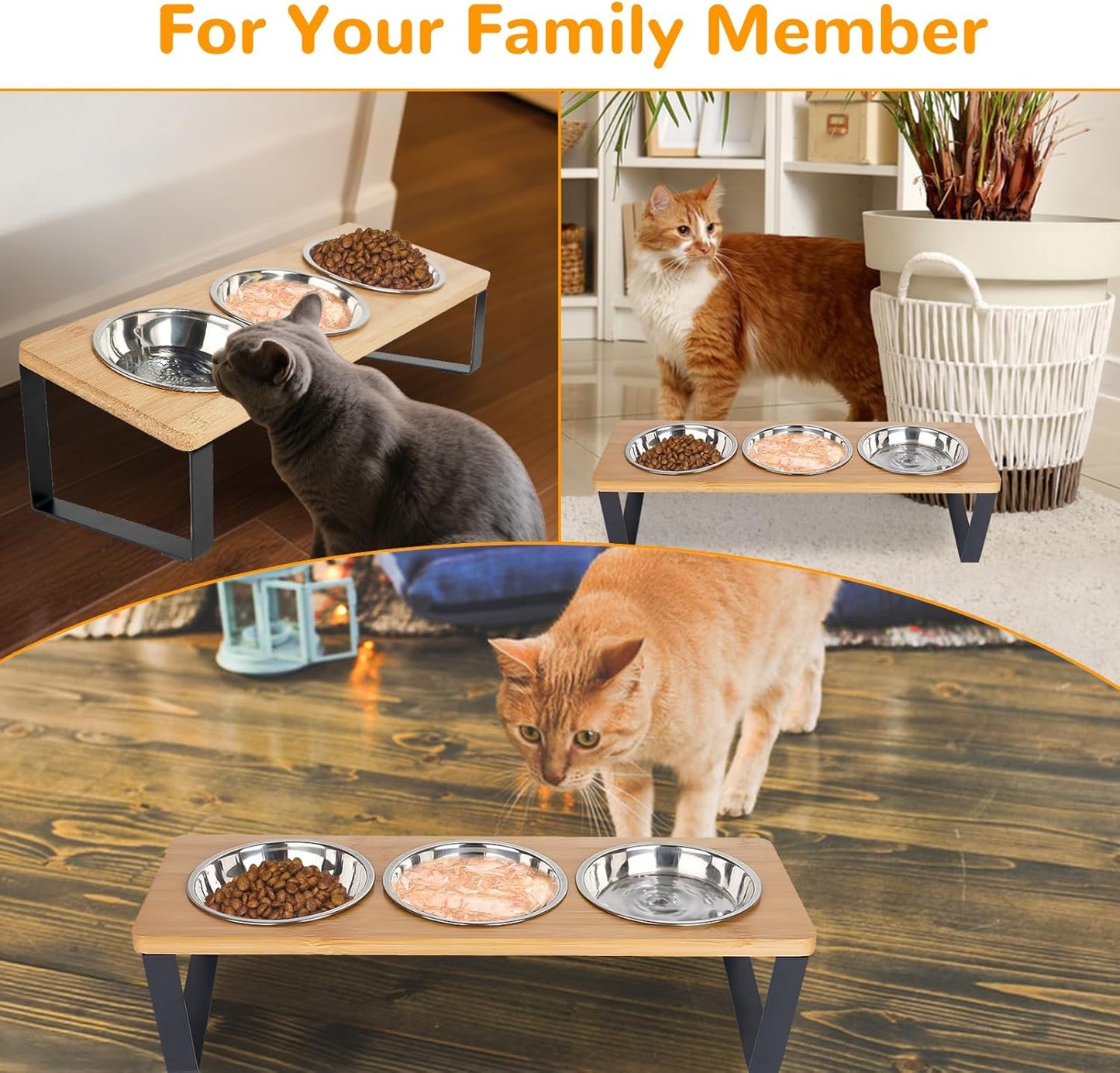2 Set Elevated Cat Food Water Bowls, 6 Stainless Steel Bowls, 15° Tilted Raised Cat Bowl Set, for Indoor Cats for Small Cats and Puppies Pet Bowls with Stand
