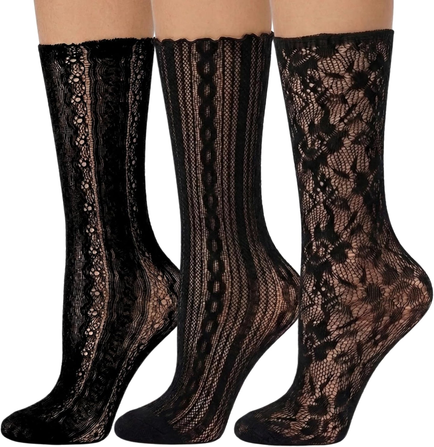 6 Pairs Black Lace Socks for Women, Sheer Mesh Crew Socks for Loafers & Heels, Elegant Floral & Vertical Striped Trouser Socks, Coquette Balletcore Aesthetic Fashion Hosiery by Daisy&Dino