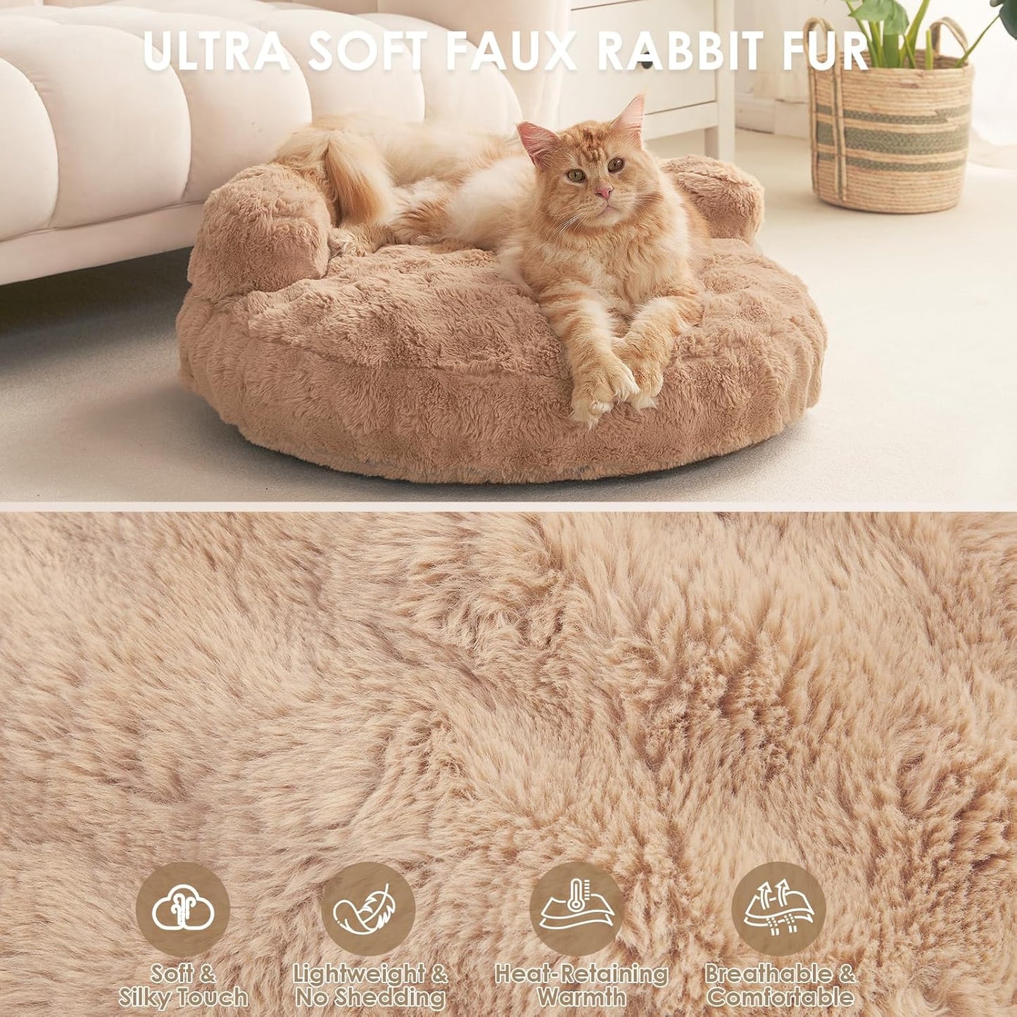 EHEYCIGA Soft Dog Couch Bed for Large Dog, Fluffy Medium Dog Bed with Removable Washable Cover, Bolster Pet Sofa, Waterproof and Non-Slip, 36" x 36"x 9", Camel
