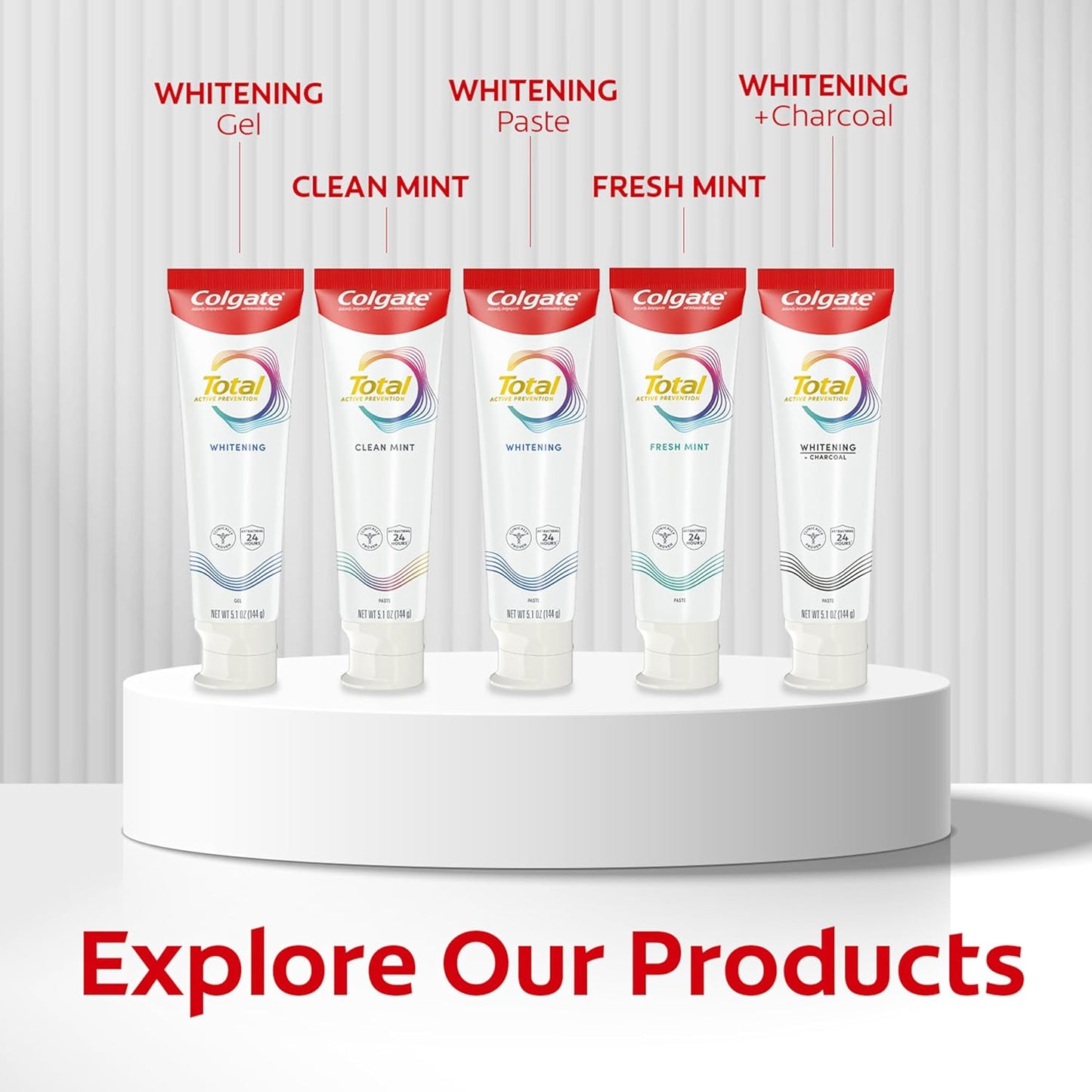 Colgate Total Whitening Toothpaste Paste, 5.1 oz, 4 Pack, Fluoride, Antibacterial, for Plaque, Gingivitis, Sensitivity, Stain Removal, Clinically Proven, Mint, Teeth Whitening, Stannous Fluoride