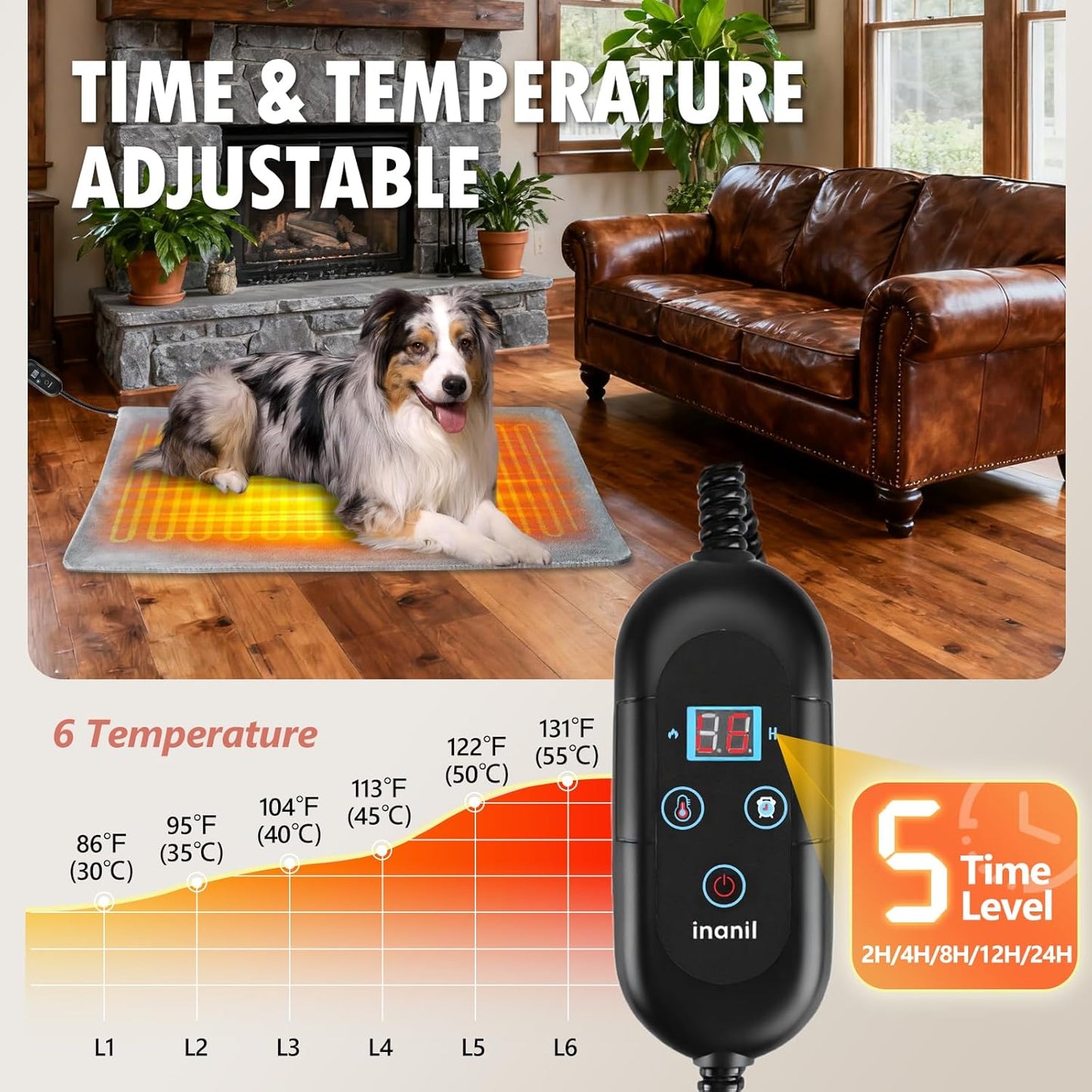 Dog Heated Pad, 6 Adjustable Temperature & 5 Timers, Large Dog Heating Pad, Waterproof Pet Heating Pad for Dogs with Chew-Resistant Cord, Electric Warmer with 2 Removable Covers, 35.4" x 23.6"