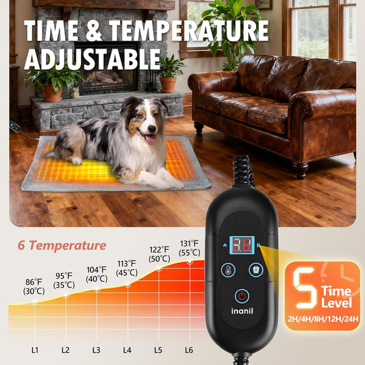 Dog Heated Pad, 6 Adjustable Temperature & 5 Timers, Large Dog Heating Pad, Waterproof Pet Heating Pad for Dogs with Chew-Resistant Cord, Electric Warmer with 2 Removable Covers, 35.4" x 23.6"