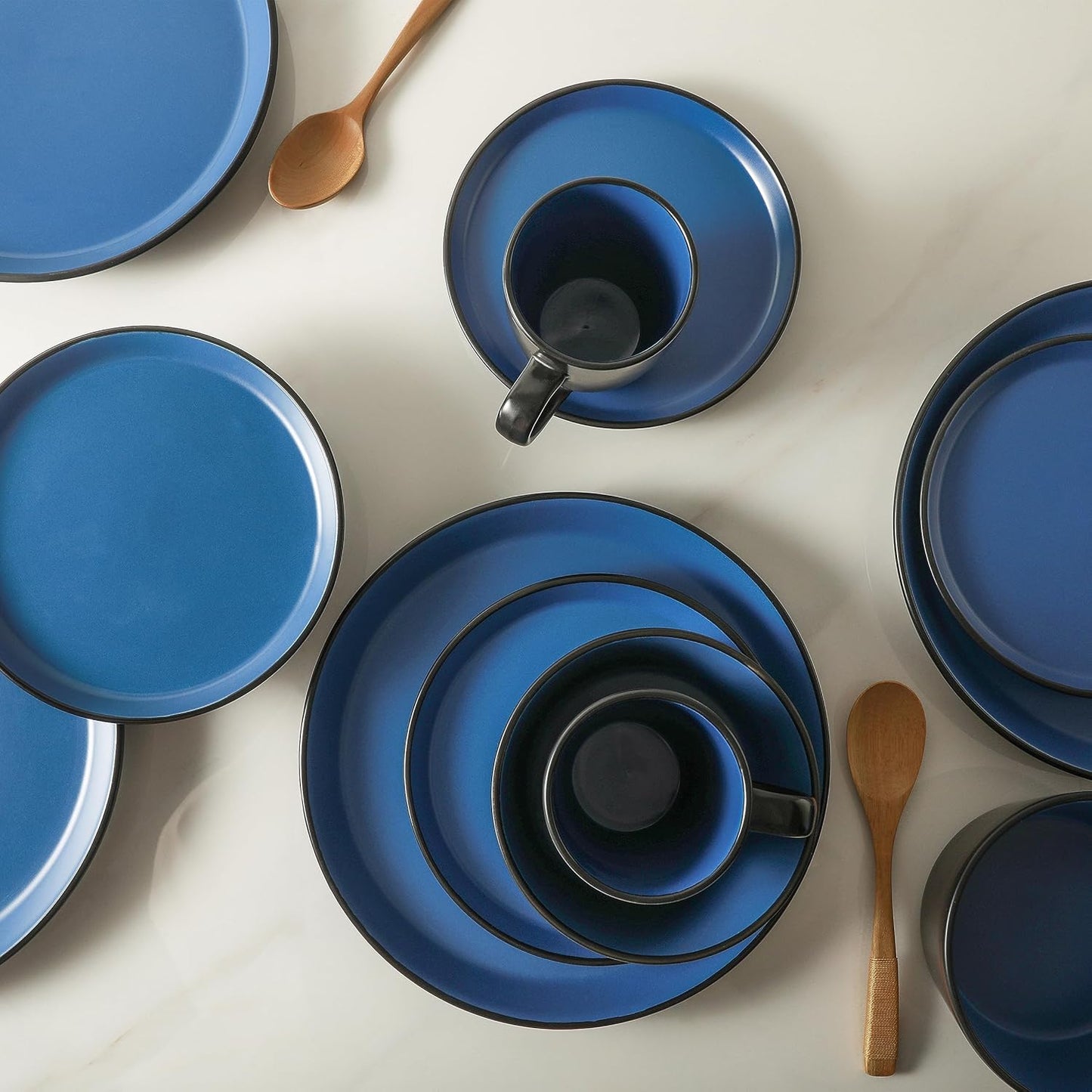 Stone Lain Albie Stoneware 32-Piece Modern Dinnerware Set, Kitchen Plates and Bowls Sets, Service for 8, Blue and Black, Microwave & Dishwasher Safe