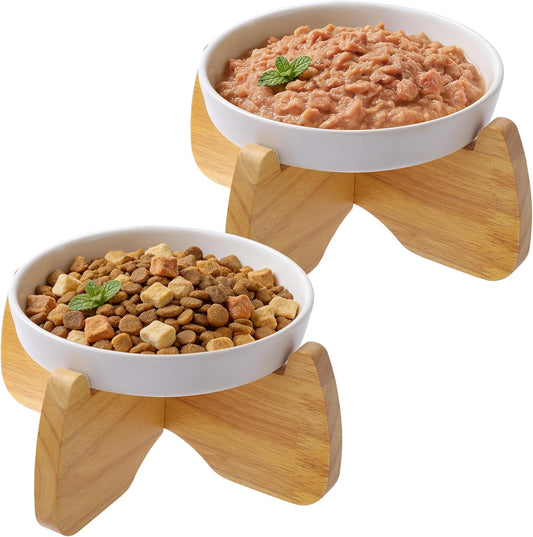 Raised Cat Bowls, 6.3'' Wide Shallow Elevated Cat Food Bowls, Ceramic Anti Vomit Pet Feeder with Stand, Anti Whisker Fatigue Neck Protective Feeding Dish for Kittens & Seniors (2 Pack)