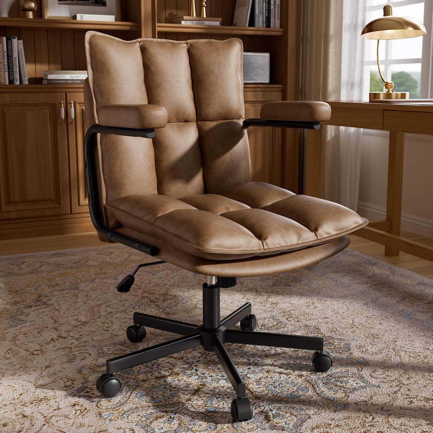 Brown Office Chair, Mid Century Modern Desk Chair with Arms, Thickend Back and Seat, Adjustable Height, Wheels, Vintage Leather Computer Chair for Home, Office
