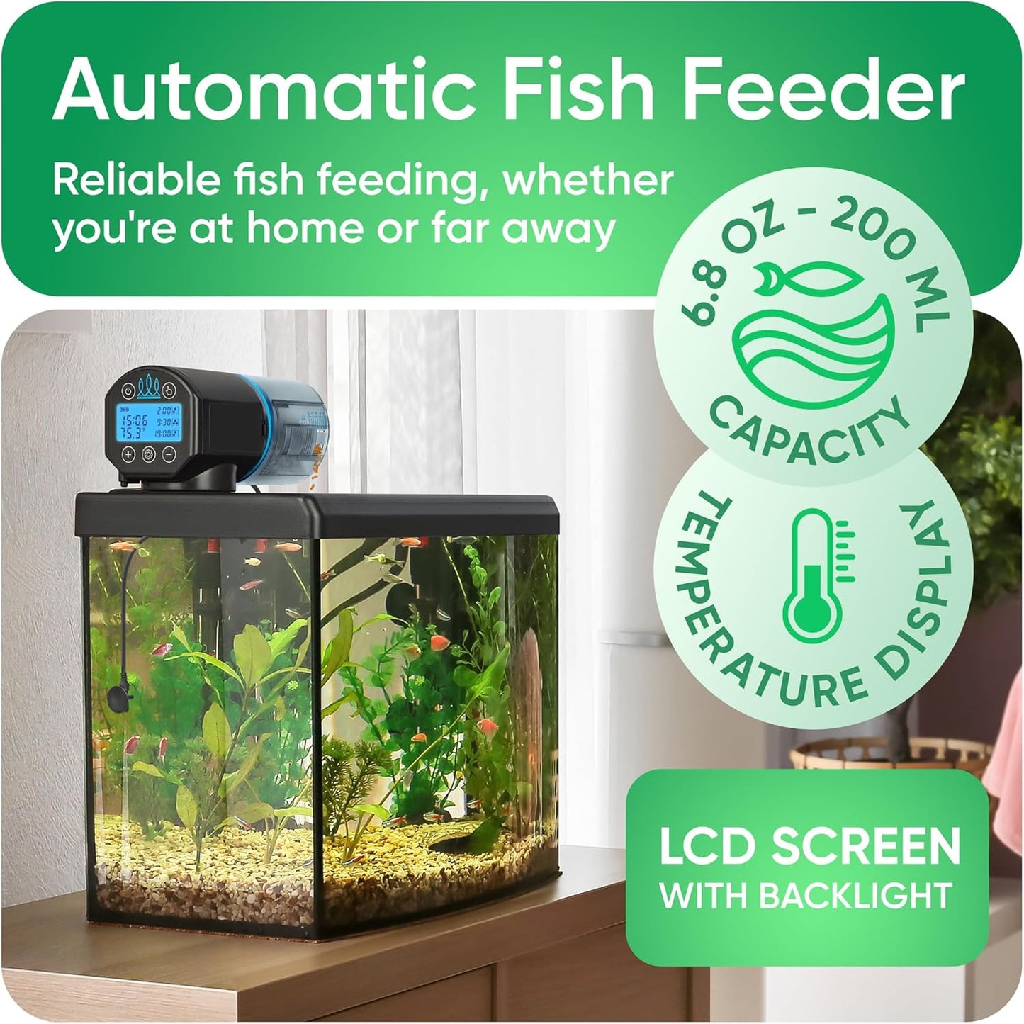 FISHNOSH Automatic Fish Feeder for Aquarium with Digital Thermometer - 2026 Auto Fish Food Dispenser Programmable, Vacation Feeder for Fish, Adjustable Portions, Auto Fish Feeder for Small & Big Tanks