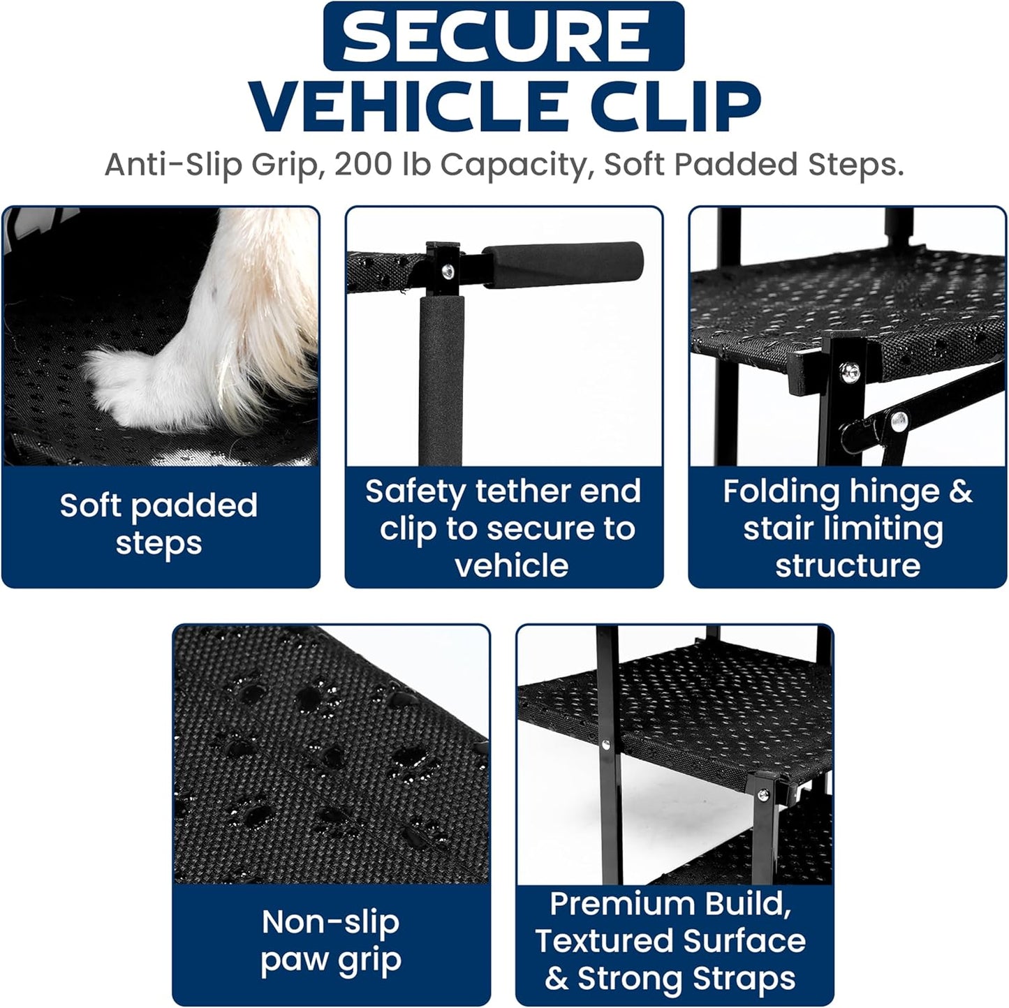 Dog Stairs for Large Dogs for Car | 5 Step Foldable Dog Stairs | 200lb Capacity | Non-Slip Rug Steps | XL Lift Harness Included | Pet Stairs for Large Dogs | Dog Steps for Truck & SUV | VERALUX