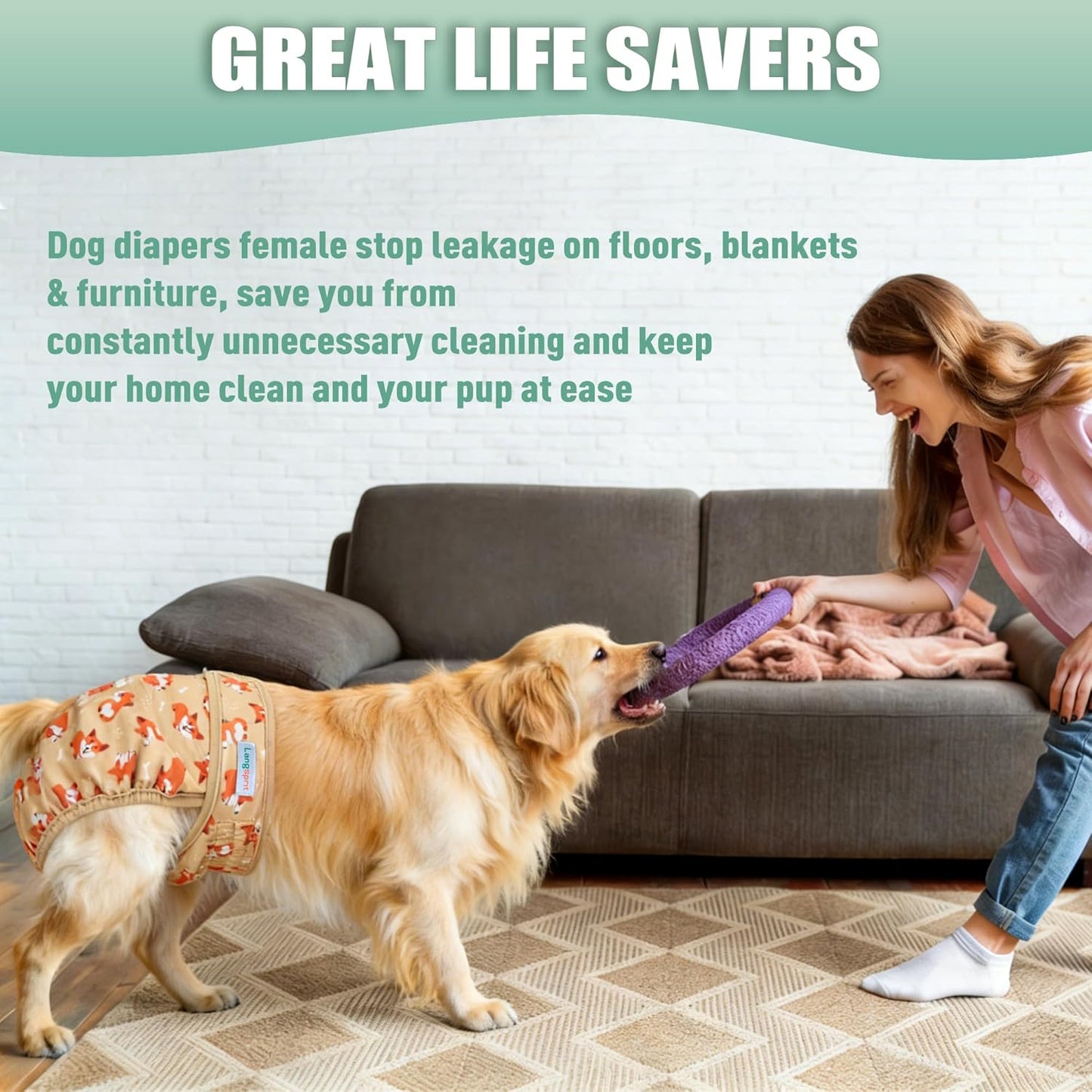 Langsprit Dog Diapers, Washable Female Dog Diapers, Super Absorbent, Doggie Diapers for Female Dogs in Heat, Puppy Potty Training, Excitable Urination, Or Incontinence, 5 Pack, Cute Bees, Small