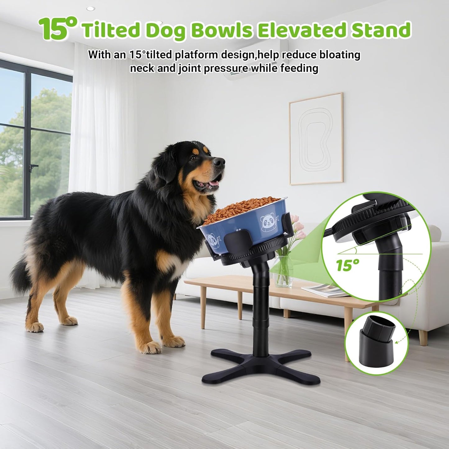Dog Bowls Elevated Adjustable Stand, Raised Bowl with 3 Heights & Tilted Feeding Stand, Compatible with Various Bowls, for Medium & Large Breeds (1 Pack) Black