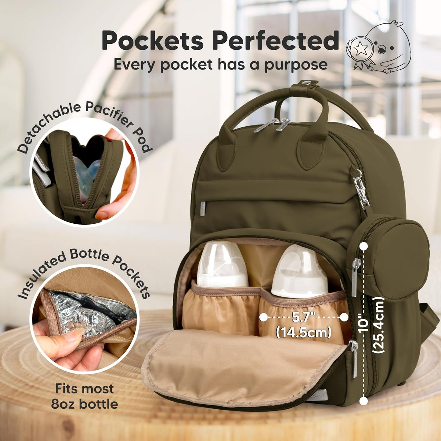 KeaBabies Diaper Bag Backpack - Multifunctional Travel Diaper Back Packs, Maternity Baby Changing Bags, Compact 18L Capacity, PU Leather, Waterproof, Unisex, Nappy Changing Pad (Dark Olive)