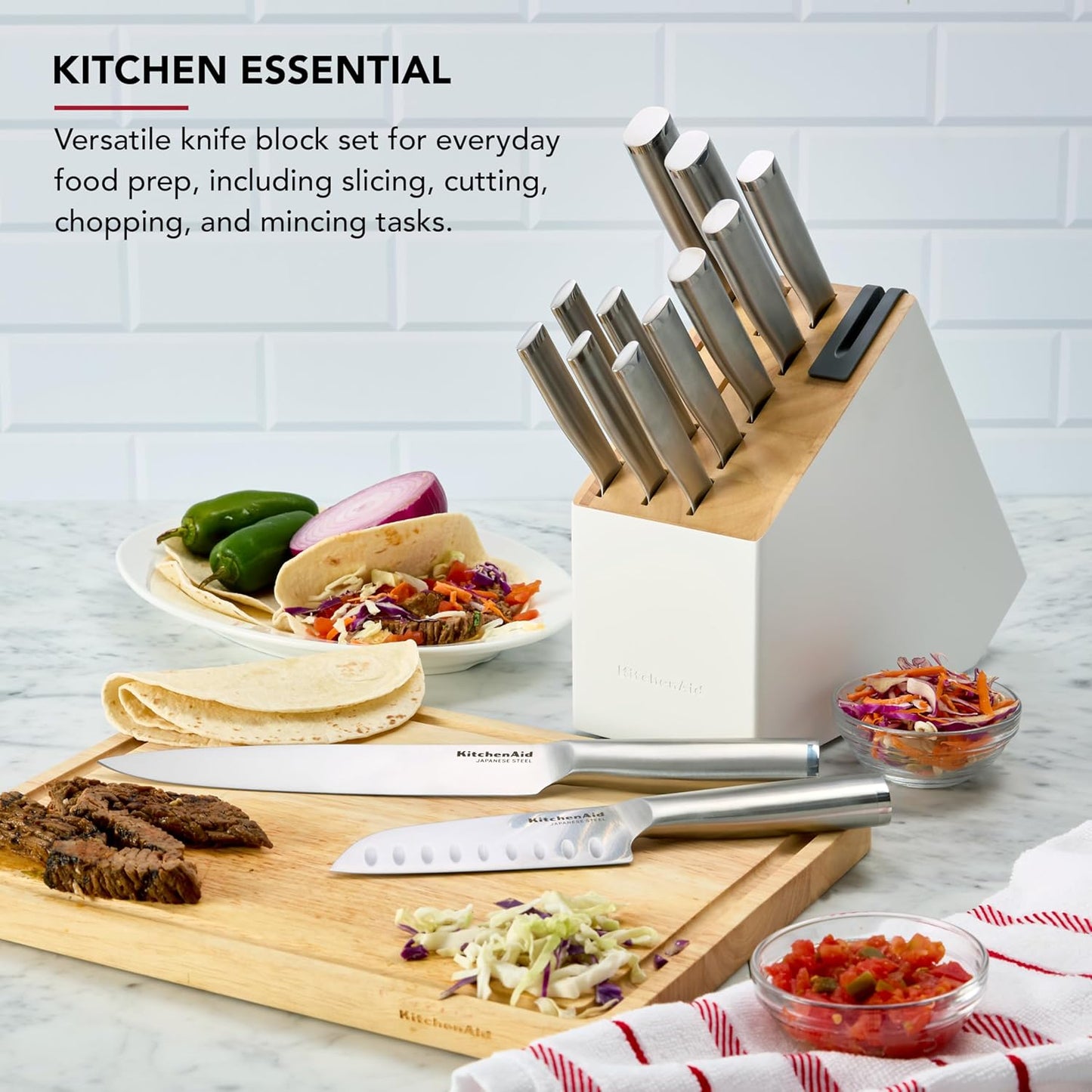KitchenAid Slim Two-Tone Knife Block Set with Built-In Knife Sharpener, High Carbon Stainless Steel Kitchen Knives, Sharp Kitchen Knife Set with Block, 14-Piece, White