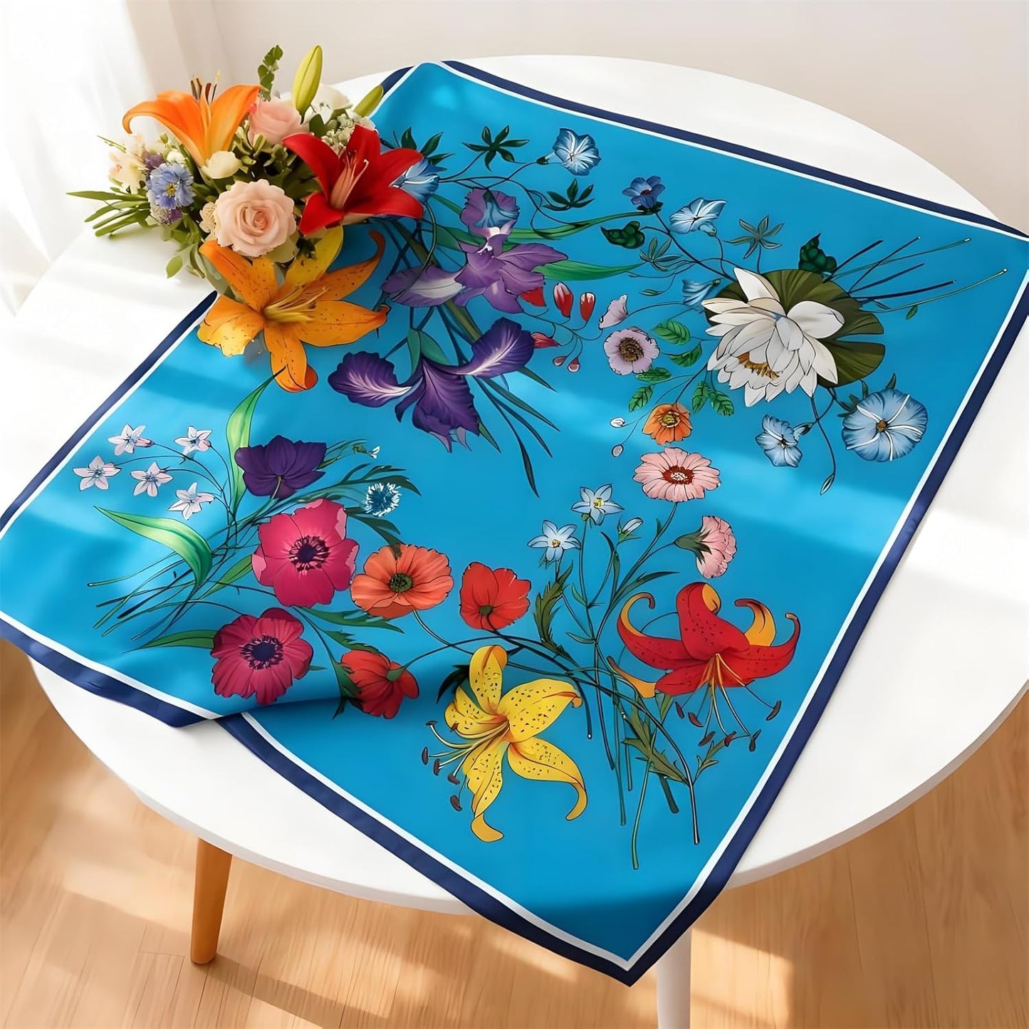 Premium Floral Scarf for Women 35x35 Square Silk Feel-Lightweight Scarves Headscarf Bandanas Wrapping Handbag