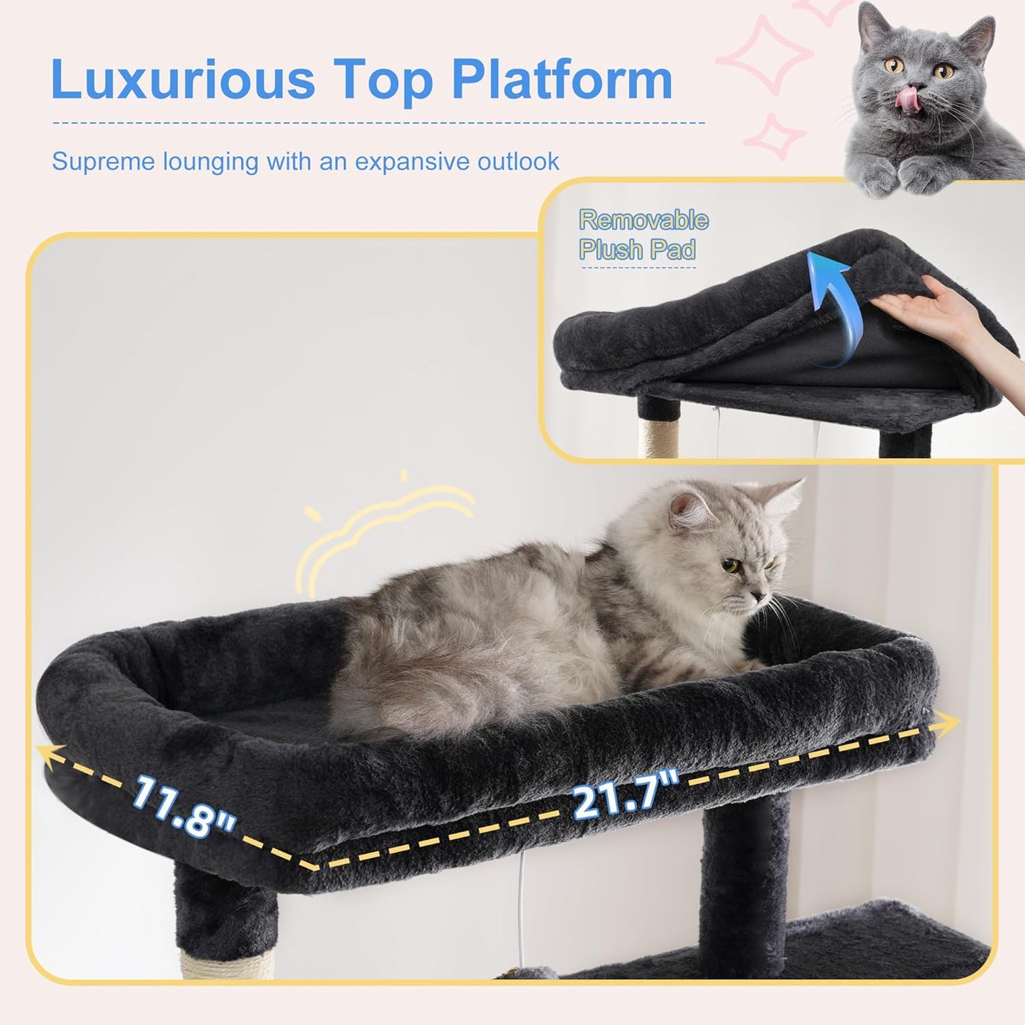 Heybly Cat Tree, 76-Inch Tall Heavy Duty Cat Tower for Big Cats with Extra Wide Baseboard, Multi-Level Large Cat Furniture with 2 Condos & 2 Hammocks, 10 Scratching Posts, Smoky Gray HCT039G