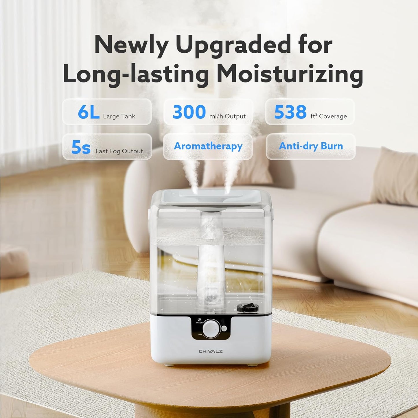 CHIVALZ Humidifiers for Bedroom Large Room Home, 6L Cool Mist Humidifier for Baby and Plant, Oil Diffuser, Top Fill Humidifier with Night Light, Quiet 26dB, Up to 50H, White 1Pack
