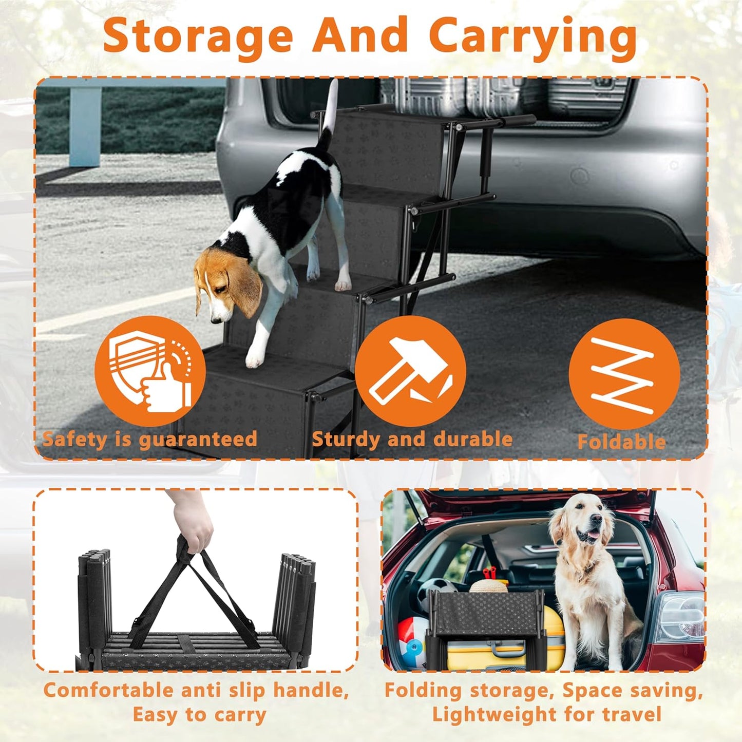 Dog Ramps for Car- Foldable Ramp for Dogs, A Portable Dog Stair Case Suitable for High Places Such As Cars, SUVS, Trucks. Lightweight, Non Slip, Can Support Up to 200 Lbs (5 Steps)