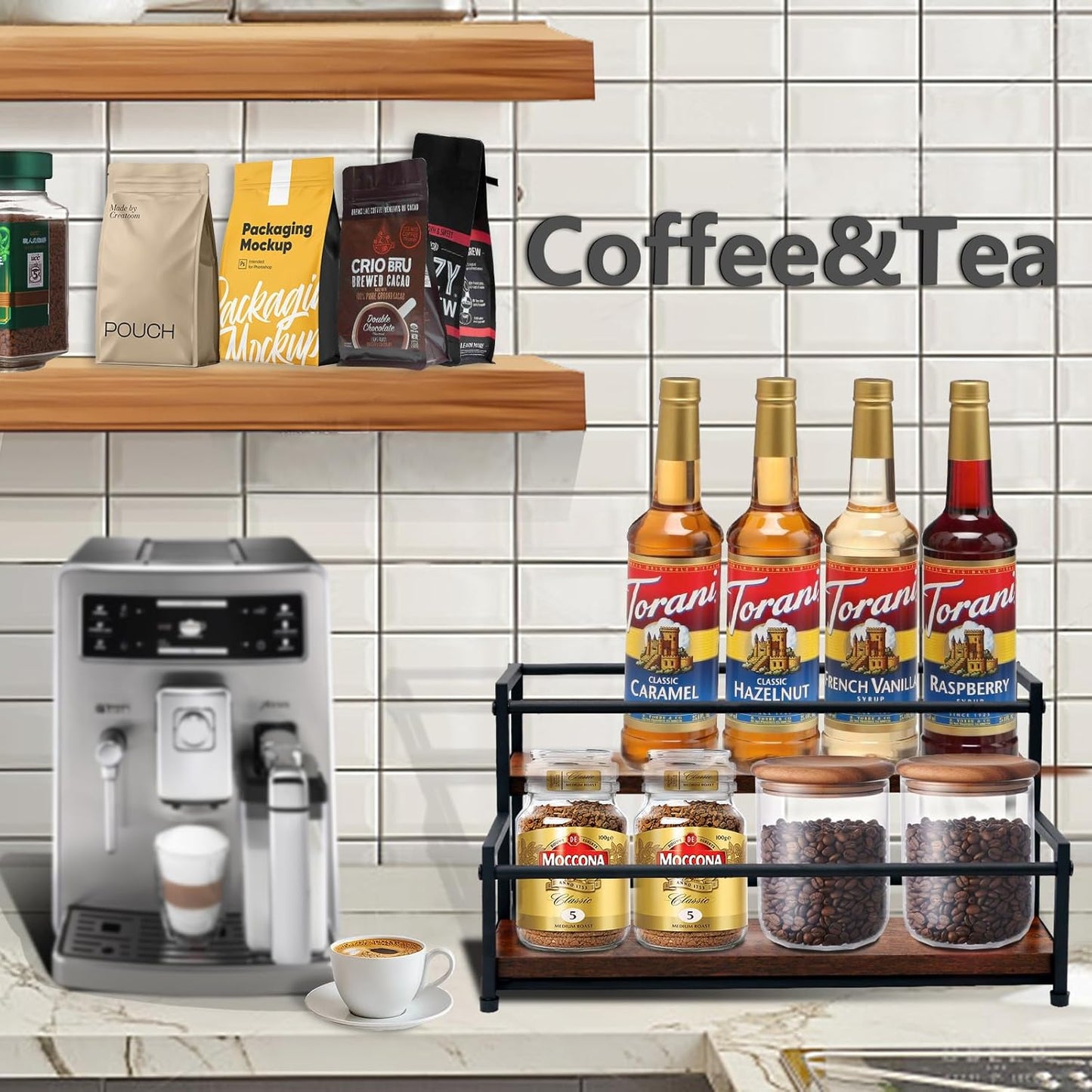 Coffee Syrup Rack Organizer - 2-Tier 10 Syrup Bottles Holder for Coffee Bar, Liquor Bottle Display Shelf - Rustic Kitchen Cabinet for Spices, Jars - Stepped Pantry Shelf for Wine, Tea & Bottles