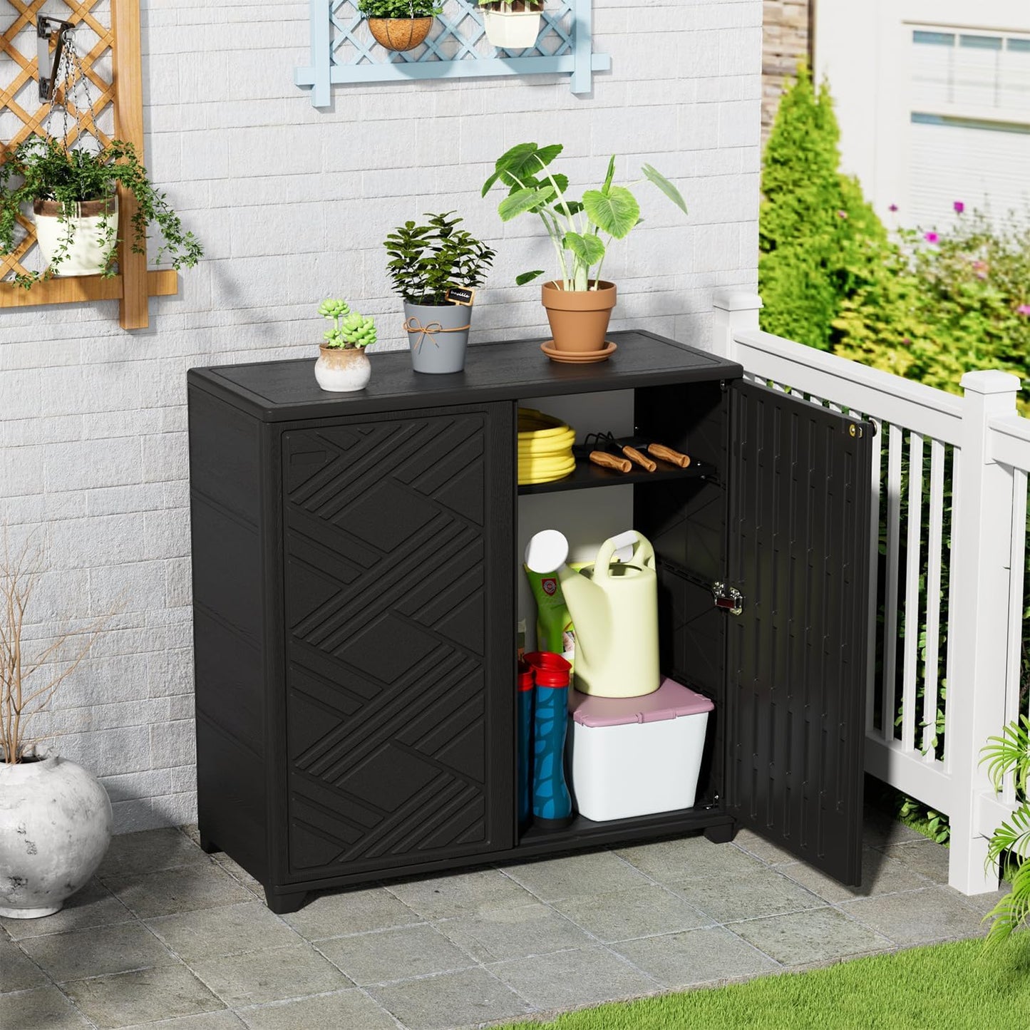 KINYING Outdoor Storage Cabinet Waterproof, 60 Gallon Resin Outdoor Storage Shed for Patio/Garden/Backyard, Outdoor Storage Box for Cushions,Garden Tools and Pool Supplies(Black with 1 Shelving)