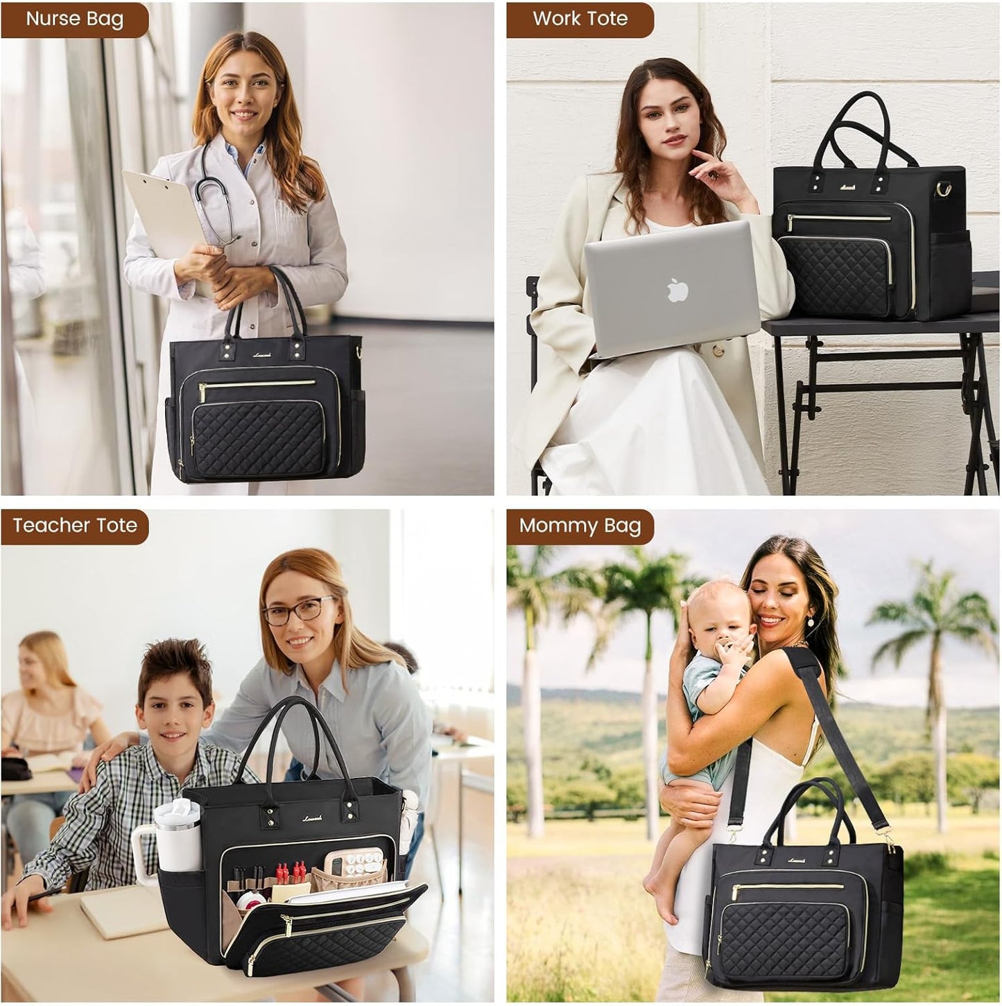 LOVEVOOK Teacher Tote Bag for Women Work, Laptop Bag Work Tote Bag Nurse Bags With Large Cup Holder, Professional Computer Briefcase Business Large Purses Handbag, Diaper Bag Mother Gift, Black