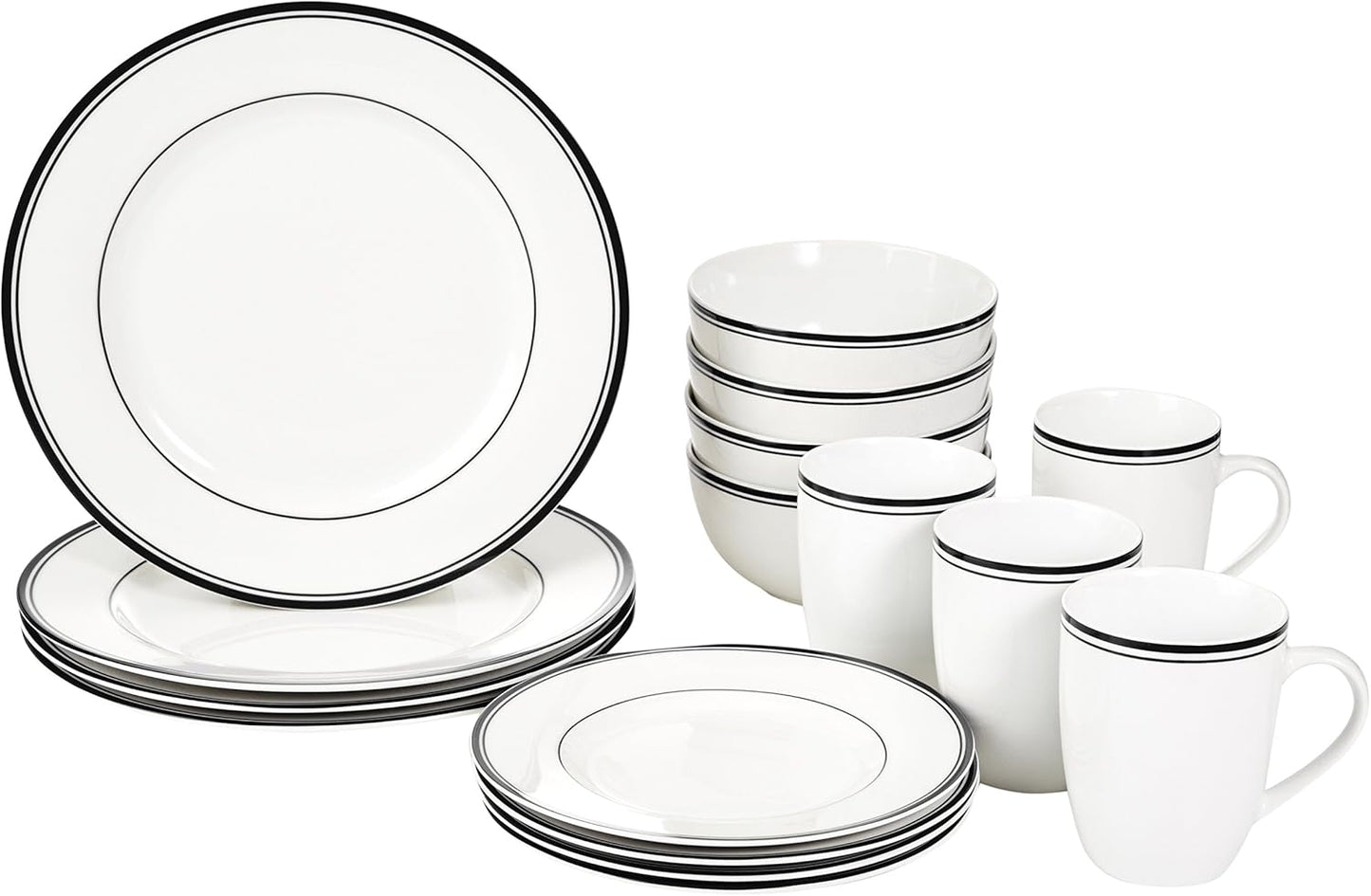 Amazon Basics 16-Piece Cafe Stripe Dinnerware Set, Microwave and Dishwasher Safe, Plates, Bowls, Mugs, Service for 4, Black