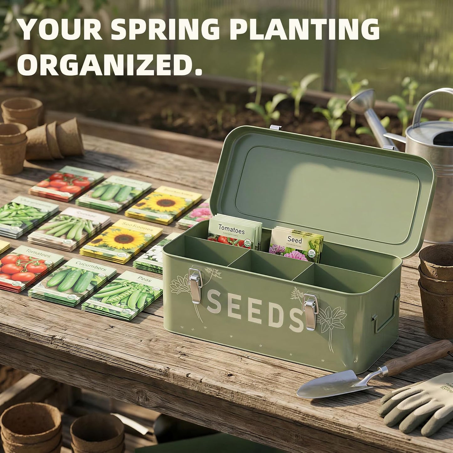 Orionstar Metal Seed Storage Organizer, 4 Compartments Saving Box with 30 Envelopes & Labels, Garden Organization Bin for Heirloom Protection, Vintage Dark Green