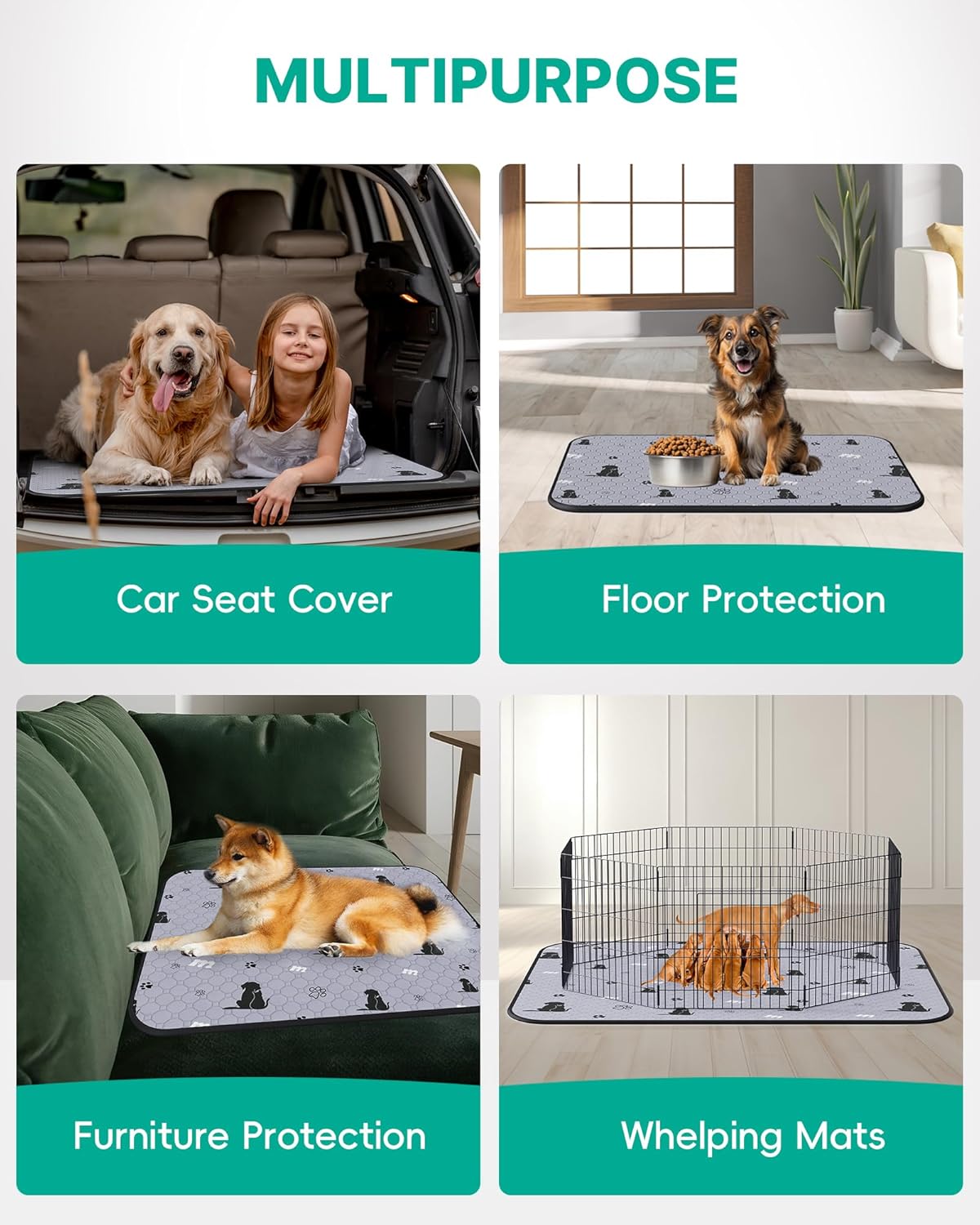 JollyMate 24"x36" Washable Pee Pads for Dogs, Ultra-Absorbent and Leak-Proof Reusable Pee Pads, Non-Slip Reusable Puppy Pads, Waterproof Dog Pee Pads, 2 Pack