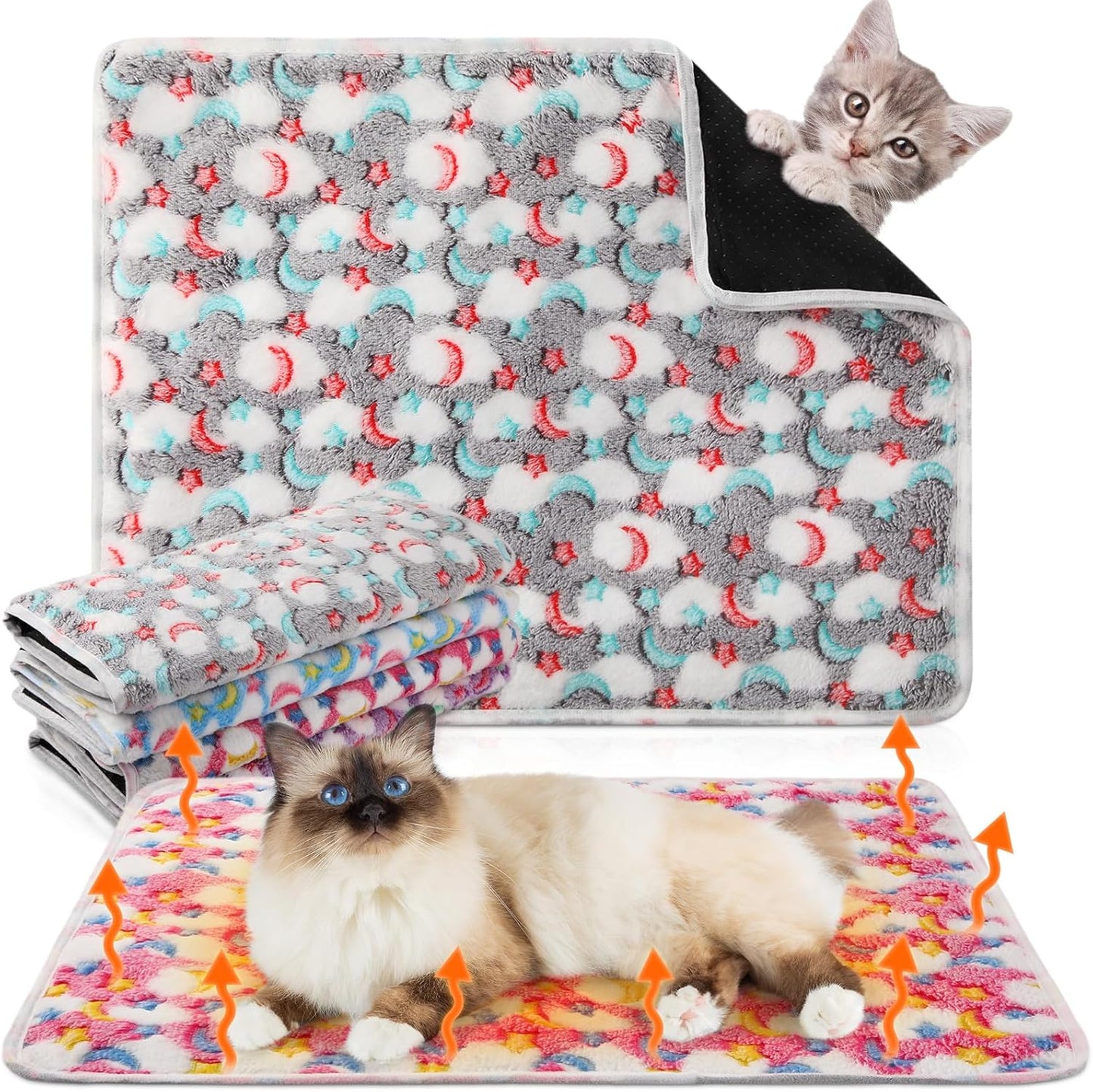 4 Pack Self Heating Cat Bed Cat Self Warming Pad with Removable Cover Extra Warm Thermal Pet Pad Washable Pet Crate Mat Anti Slip Kennel for Indoor Outdoor Pets(Stars Moon,16 x 20 Inches)
